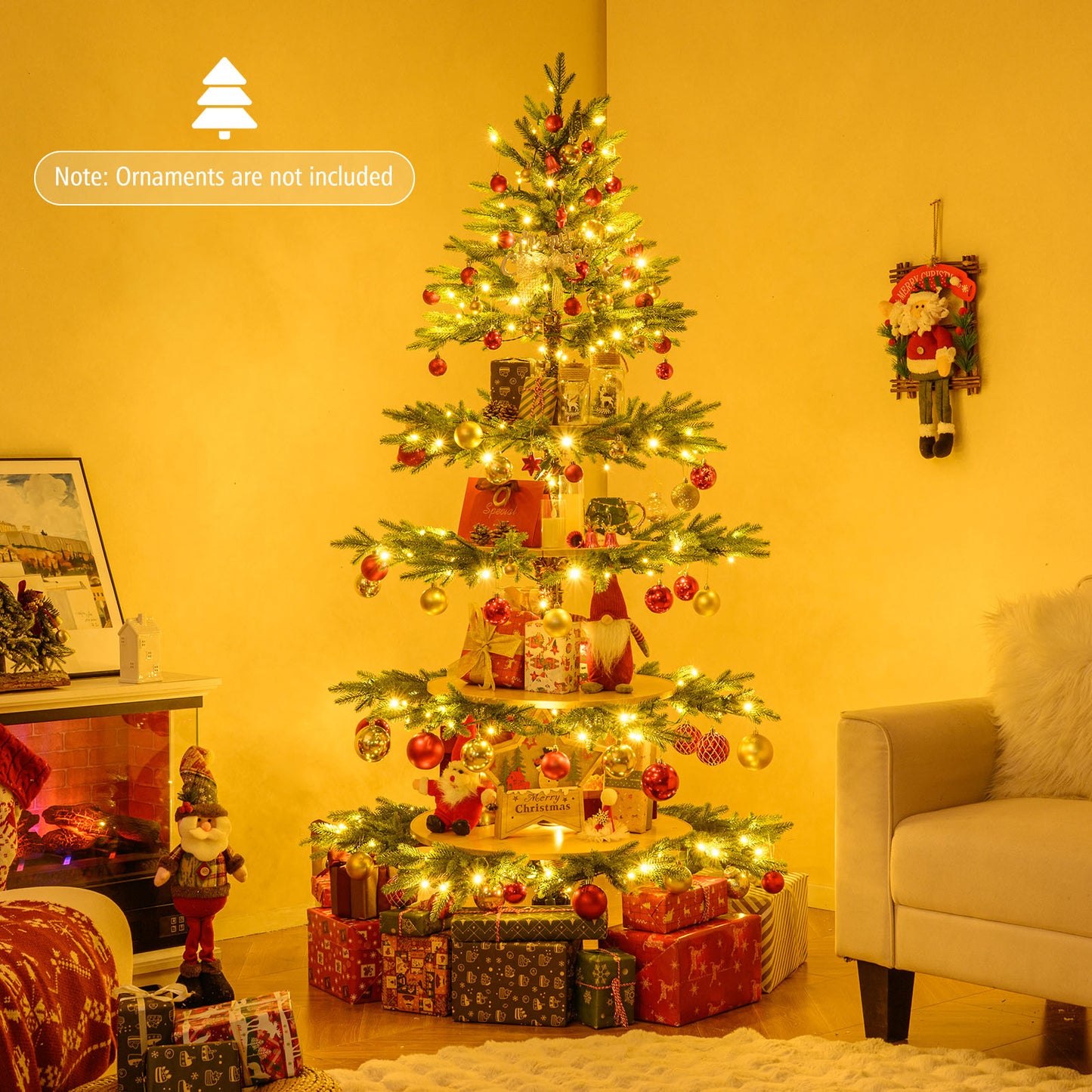 6.4 FT Rotating Christmas Tree 4-Tier Artificial Xmas Tree with 280 Branch Tips and 220 LED Lights