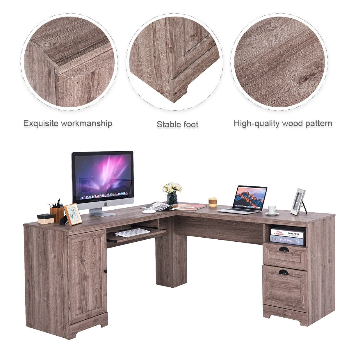 66 Inch L-Shaped Writing Study Workstation Computer Desk with Drawers-Gray