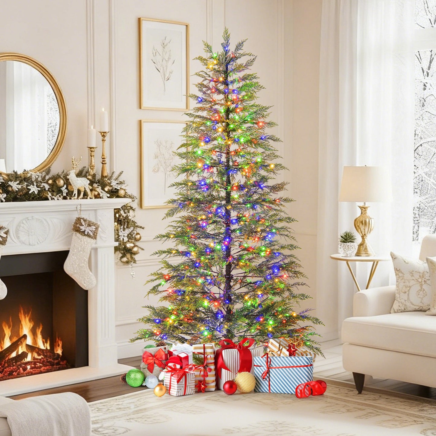 7.5 Feet Artificial Christmas Tree with Branch Tips and Colorful LED Lights