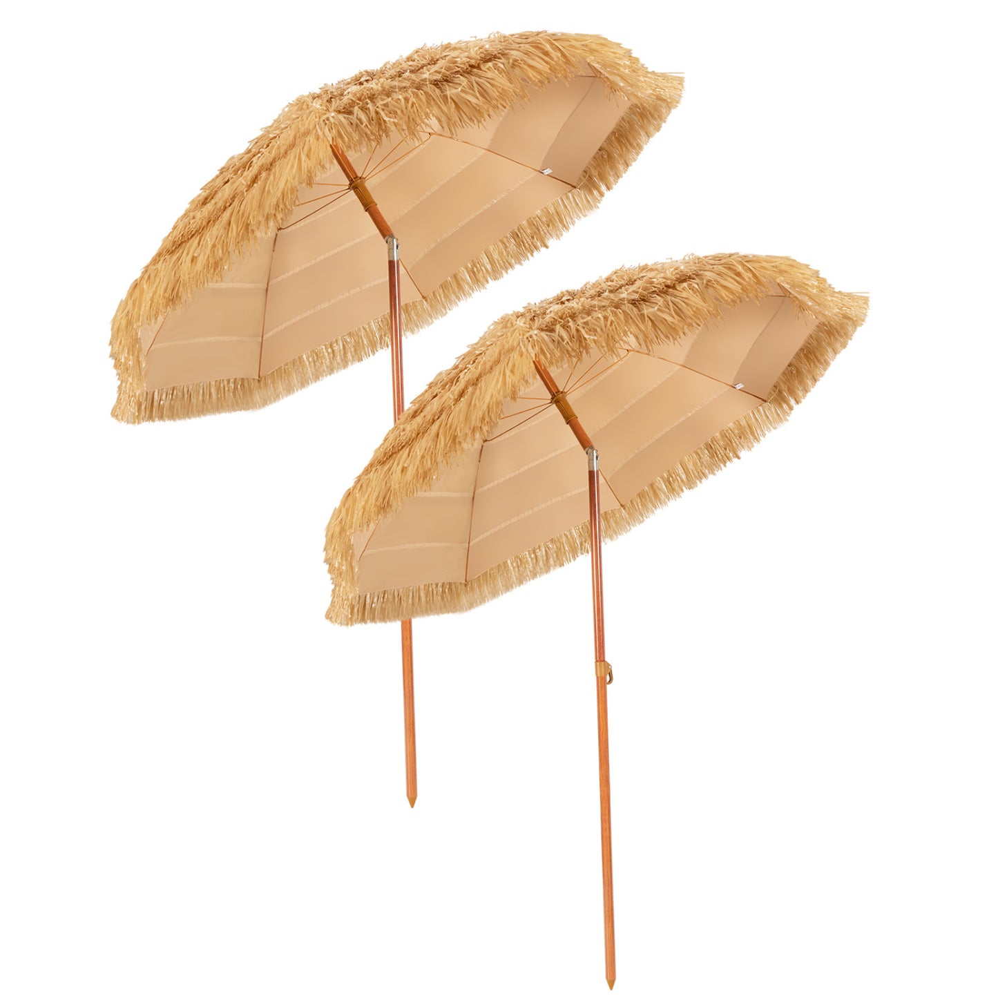 6.5-foot portable thatched tiki beach umbrella with adjustable tilt for outdoor shade, perfect for backyard relaxation.