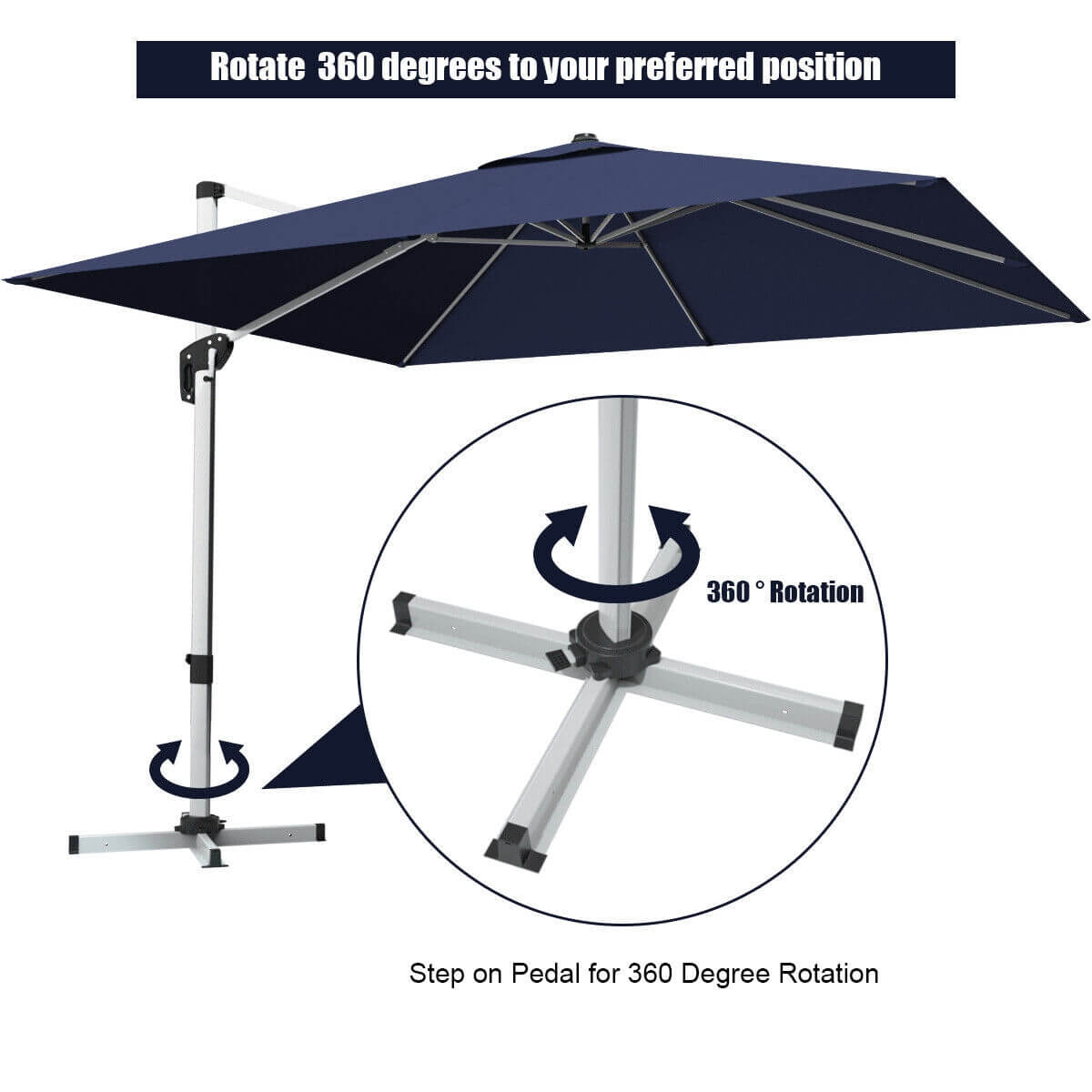 10 Feet 360° Tilt Aluminum Square Patio Umbrella without Weight Base-Navy