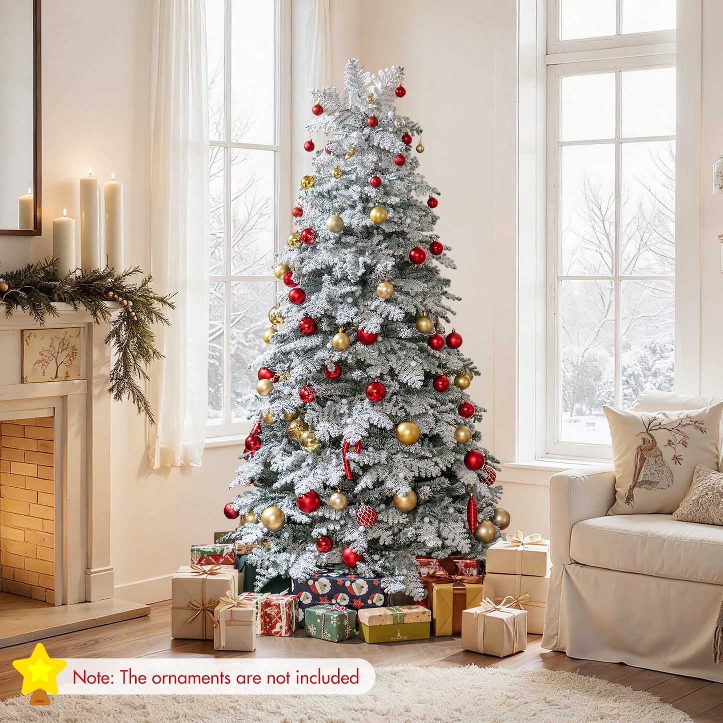 6/7 Feet Artificial Snow-flocked Christmas Tree Pre-lit Hinged Xmas Tree with 130 Twinkle Balls-7 Feet