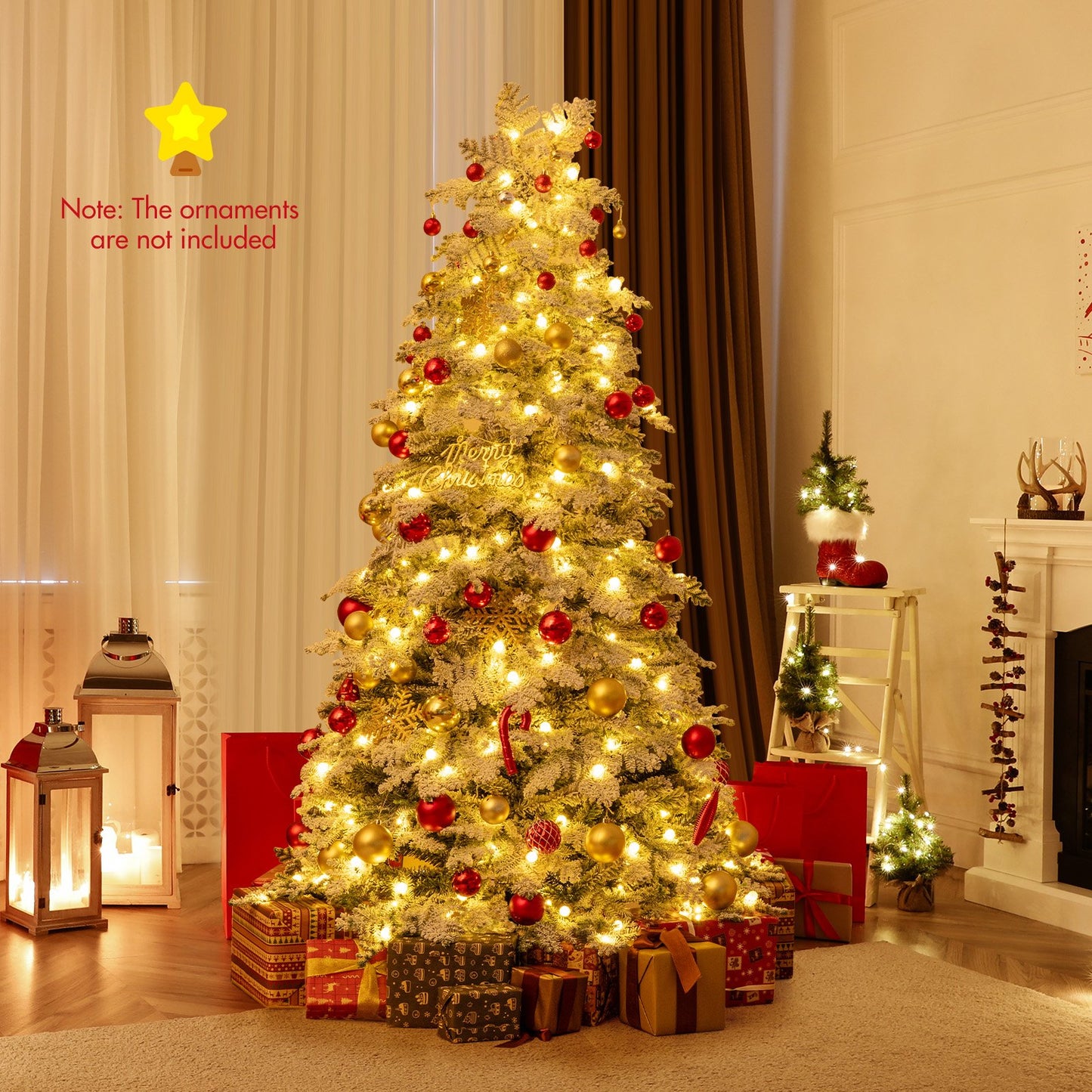 6/7 Feet Artificial Snow-flocked Christmas Tree Pre-lit Hinged Xmas Tree with 130 Twinkle Balls-7 Feet