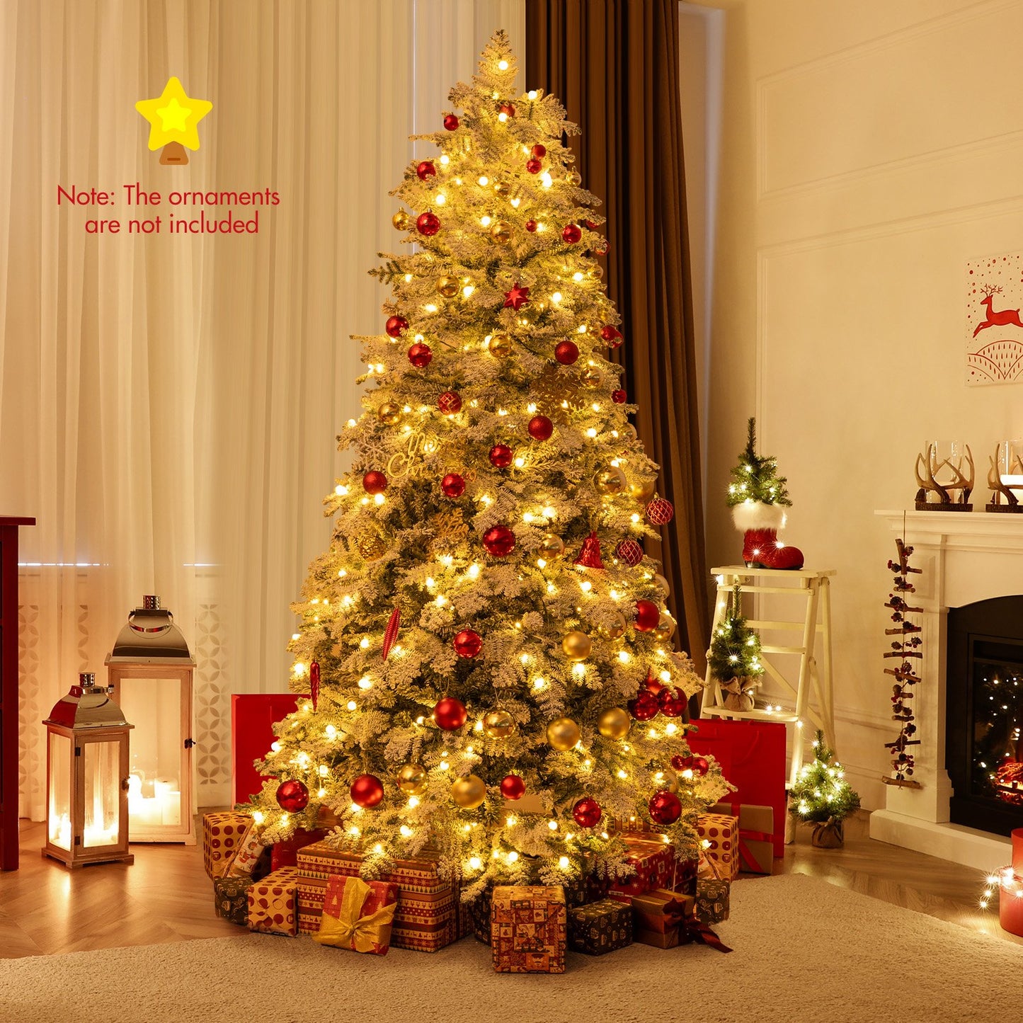 6/7 Feet Artificial Snow-flocked Christmas Tree Pre-lit Hinged Xmas Tree with 130 Twinkle Balls-7 Feet