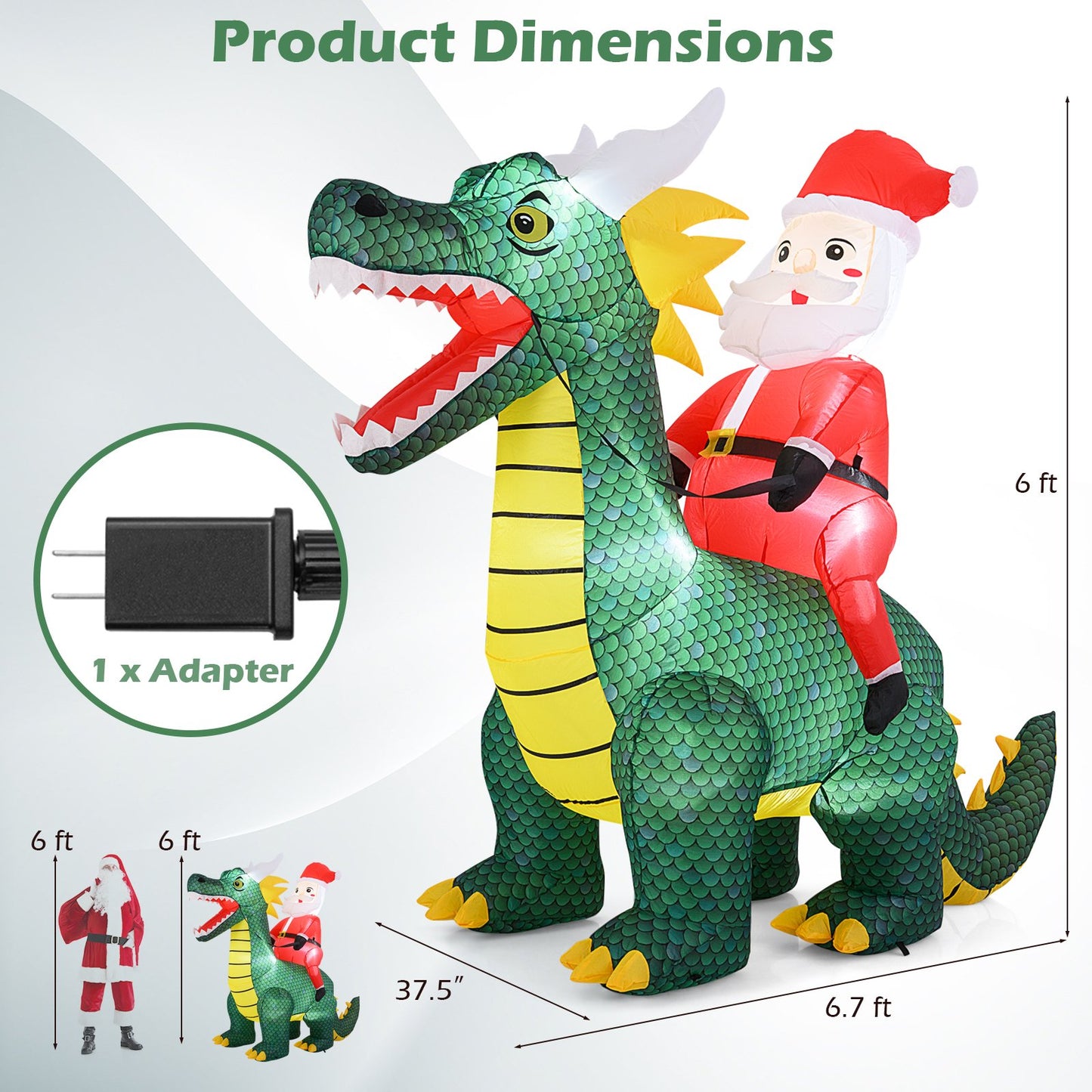 6.7 Feet Christmas Inflatable Santa Claus Ride on Dinosaur with Built-in LED Lights