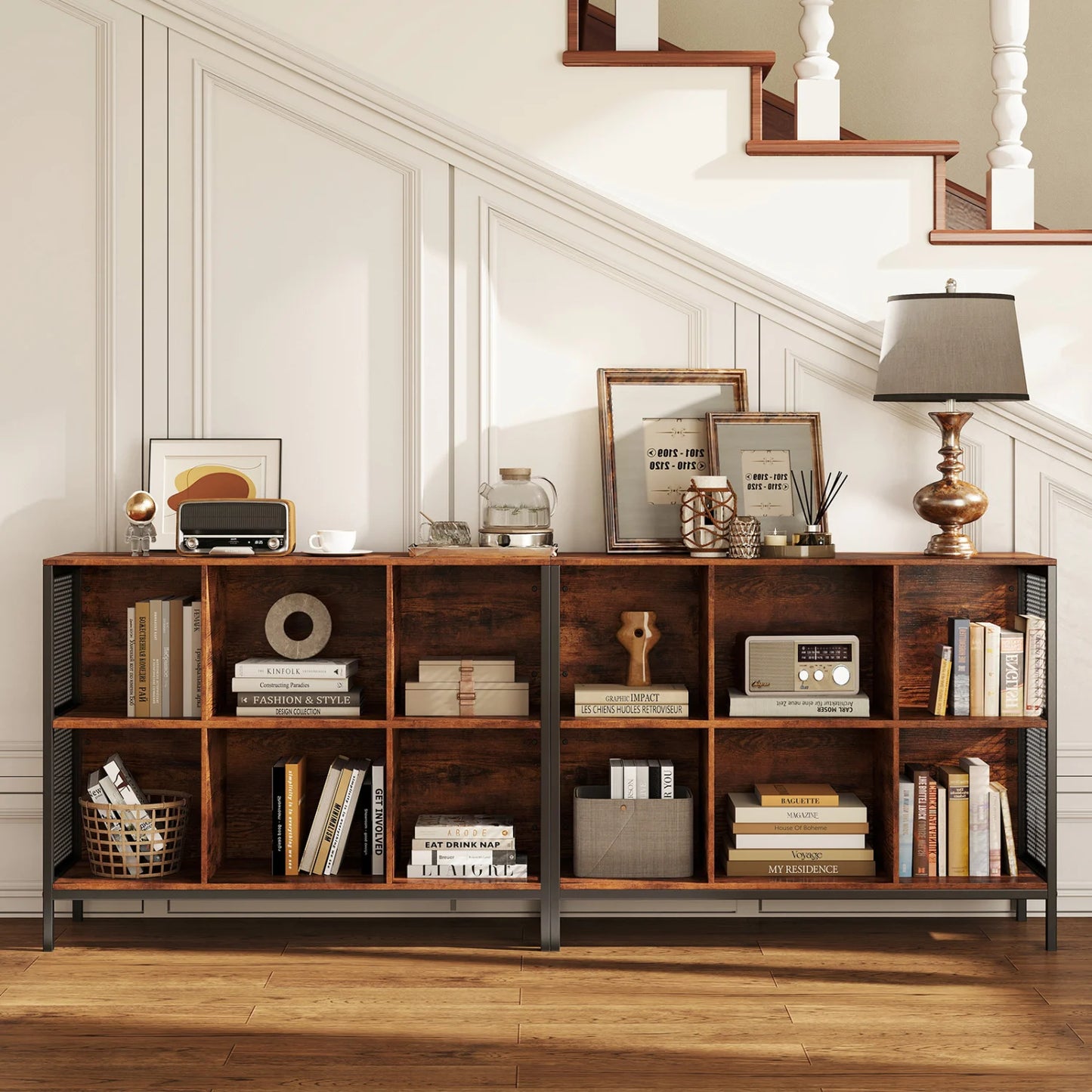 Rustic brown 6-cube bookcase, 42 inches wide, with horizontal design and accent cubby shelf for home office storage.