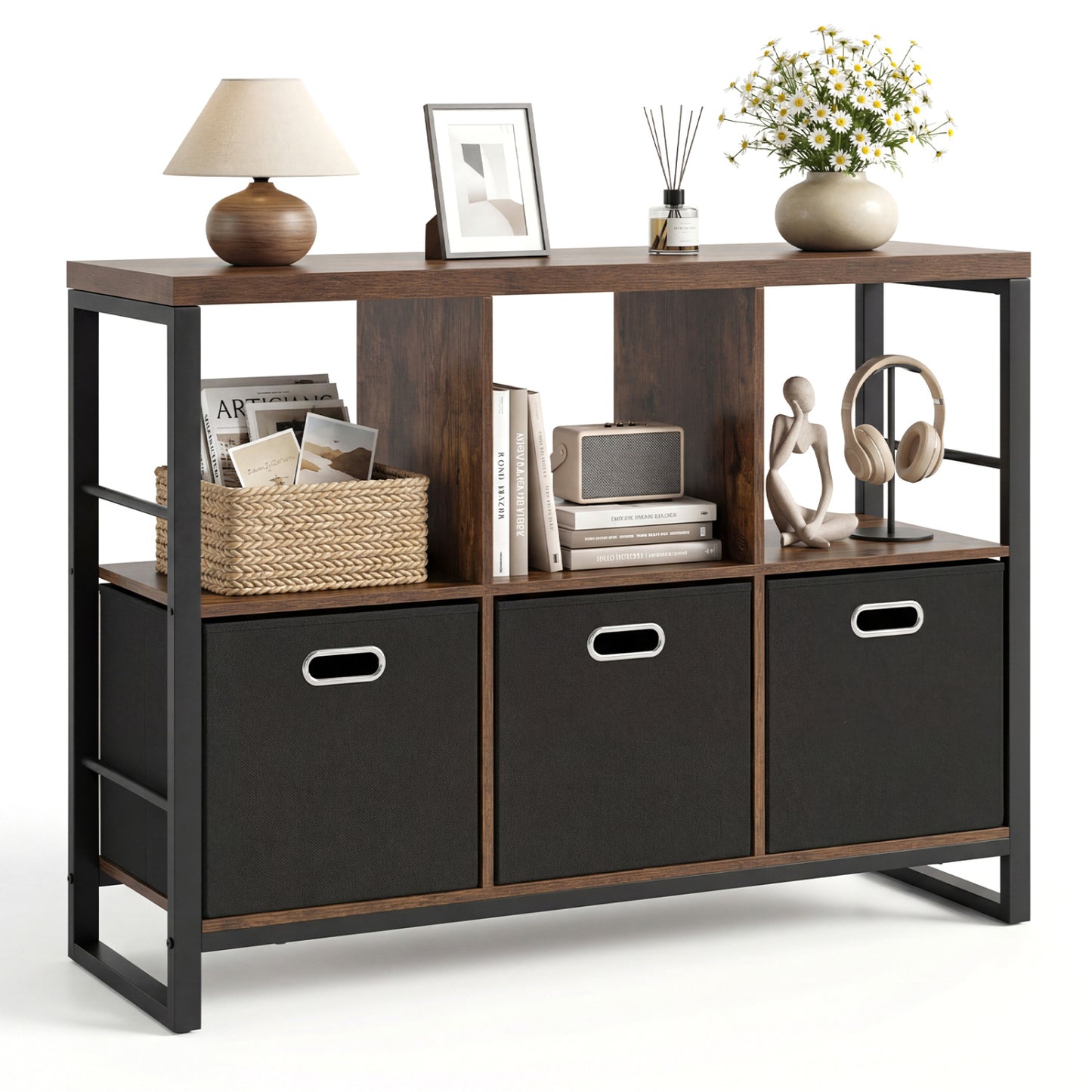 6 Cube Industrial Short Bookshelf with 3 Bins & Metal Frame and Open Shelves for Indoor-Rustic Brown