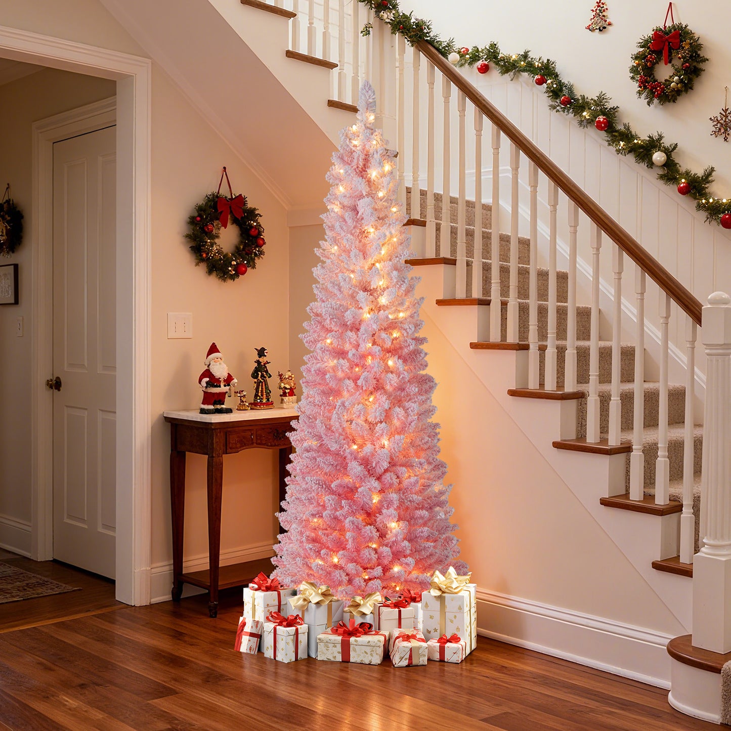 6 FTSnow-flocked Artificial Pink Christmas Tree Pre-lit Hinged Xmas Tree for Holiday Decoration