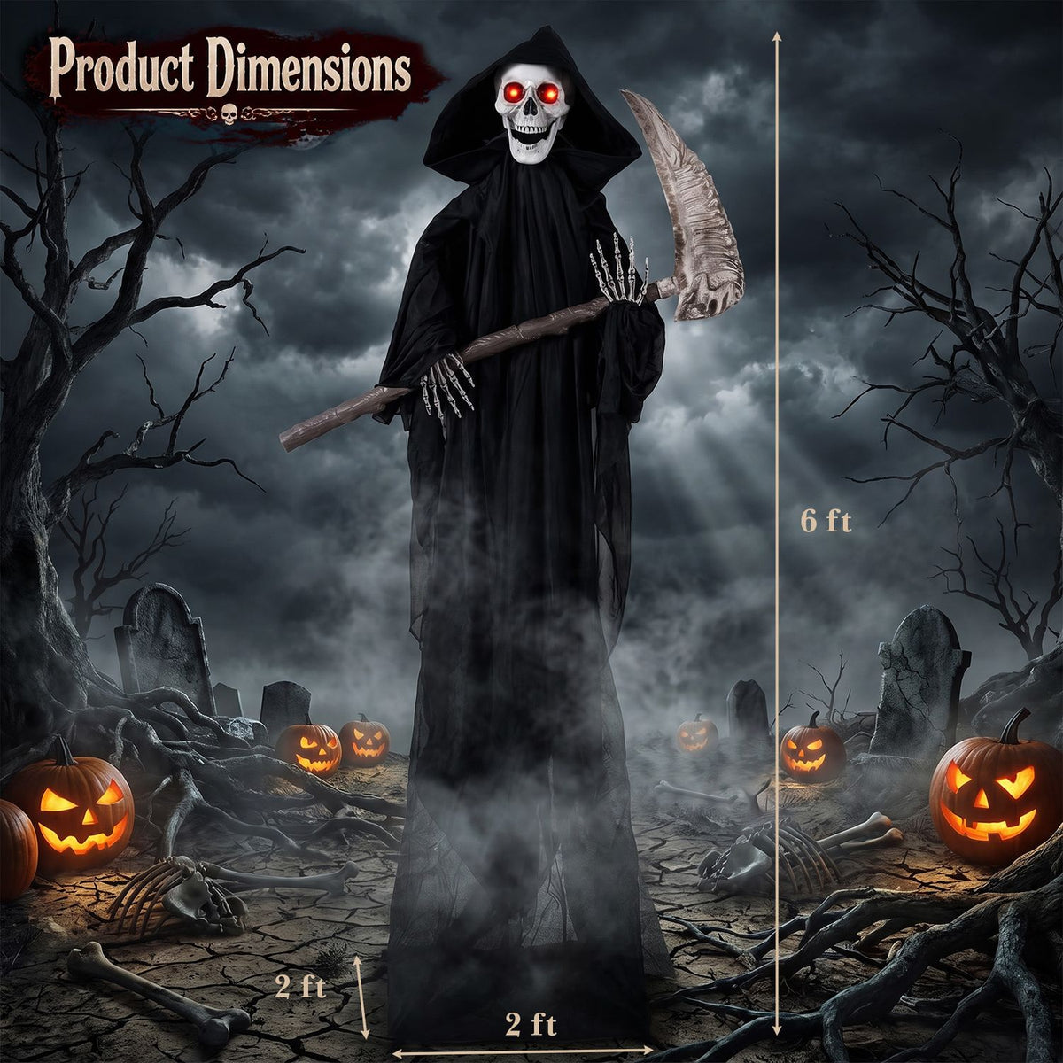 Six-foot lifelike Grim Reaper Halloween decoration with scythe and bone-chilling sound from Wilsons Home Store.