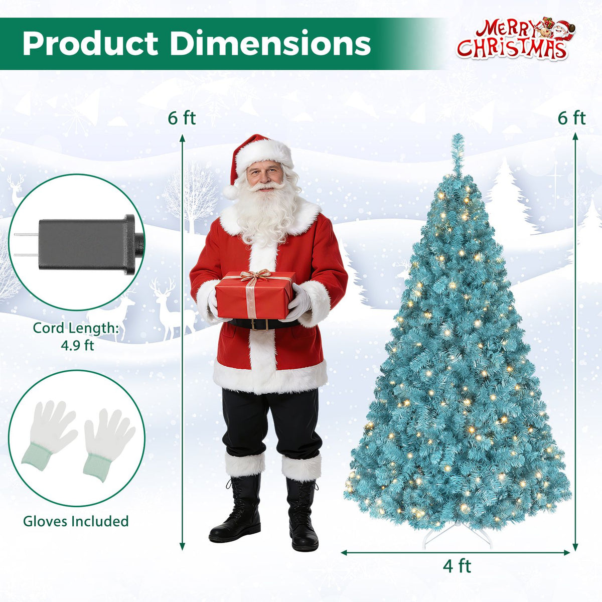 6 FT Pre-Lit Peacock Blue Christmas Tree with 500/250/140/750 Warm White LED Lights
