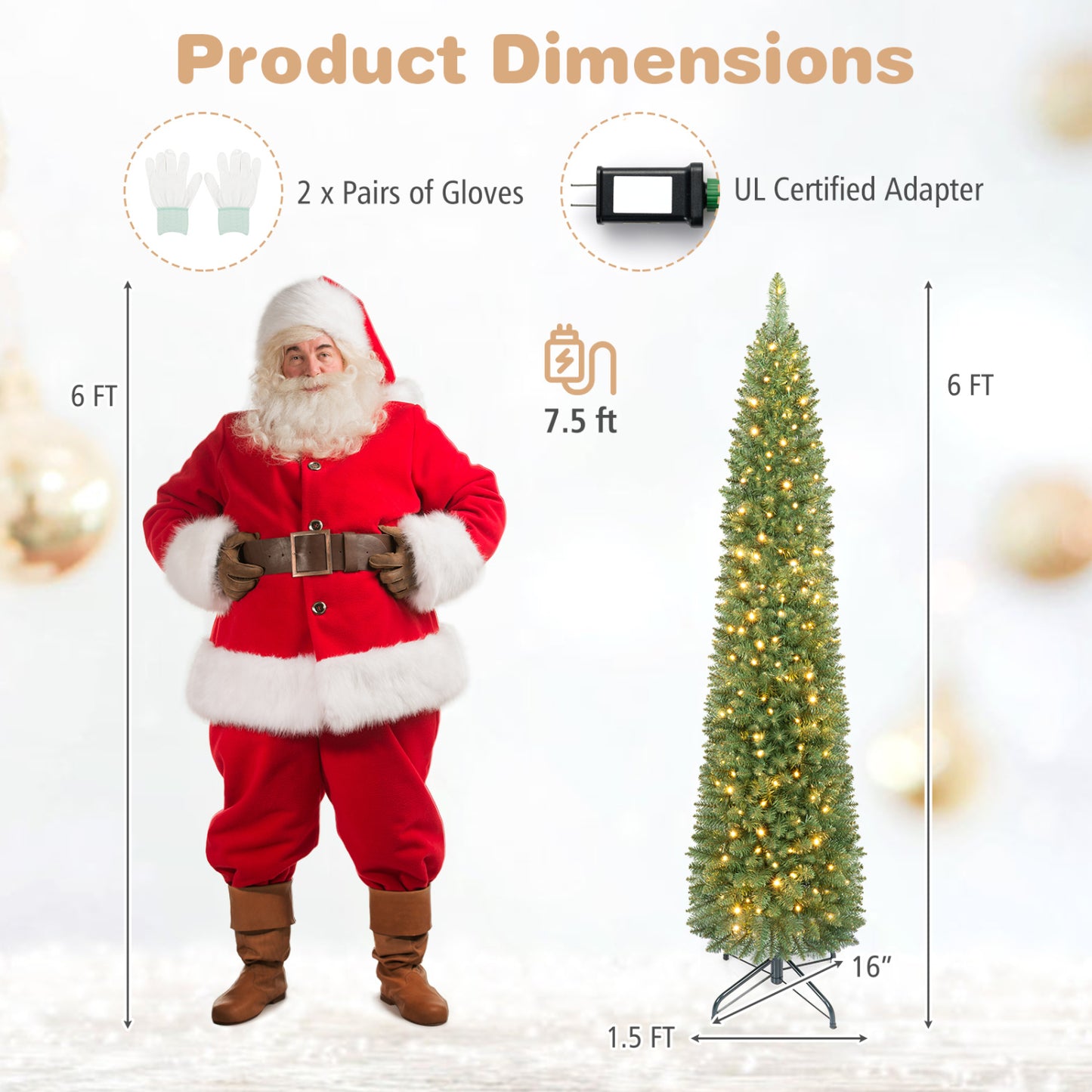 6 FT Pre-Lit Pencil Christmas Tree with 180 Warm White LED Lights