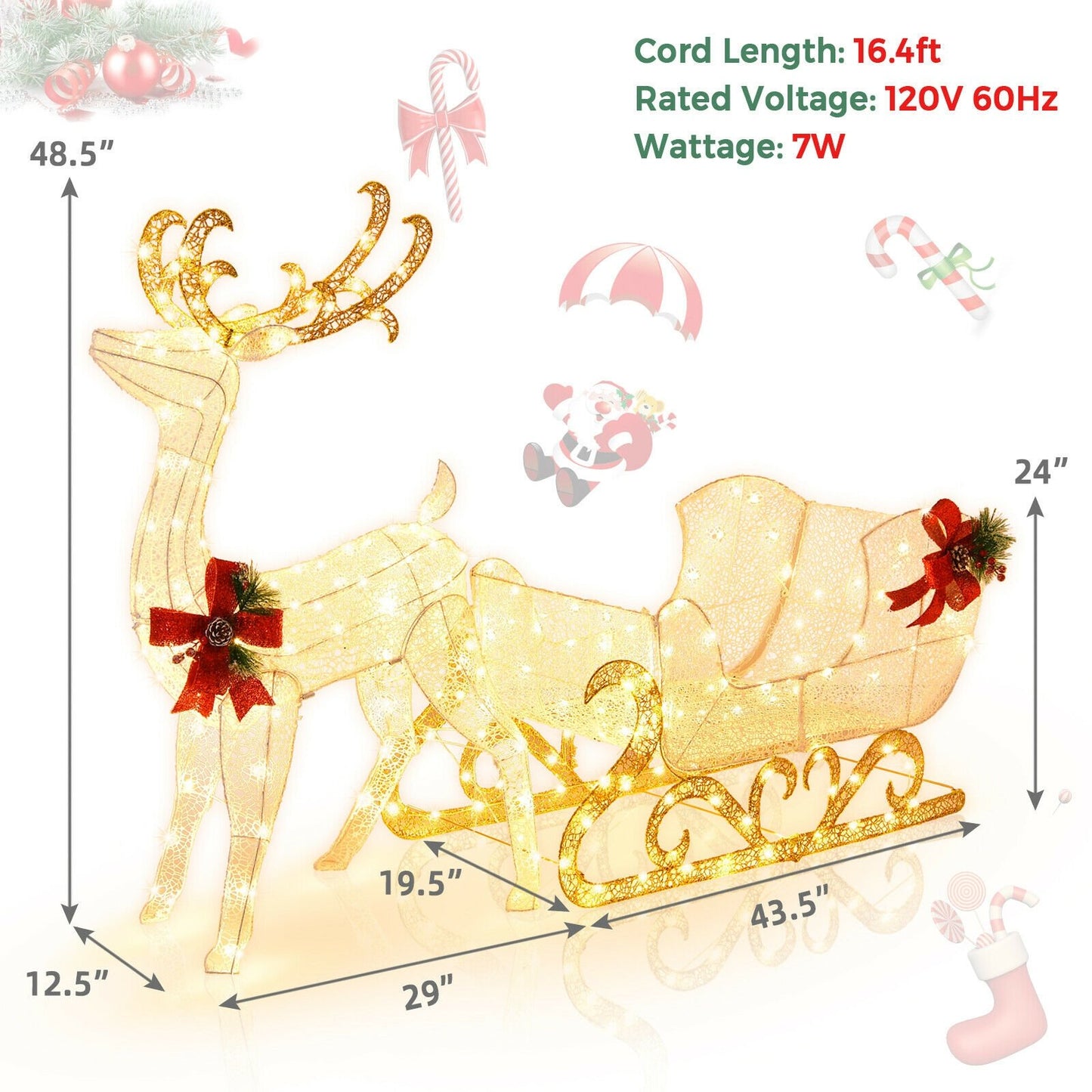 6 Feet Christmas Lighted Reindeer and Santa's Sleigh Decoration with 4 Stakes-Golden