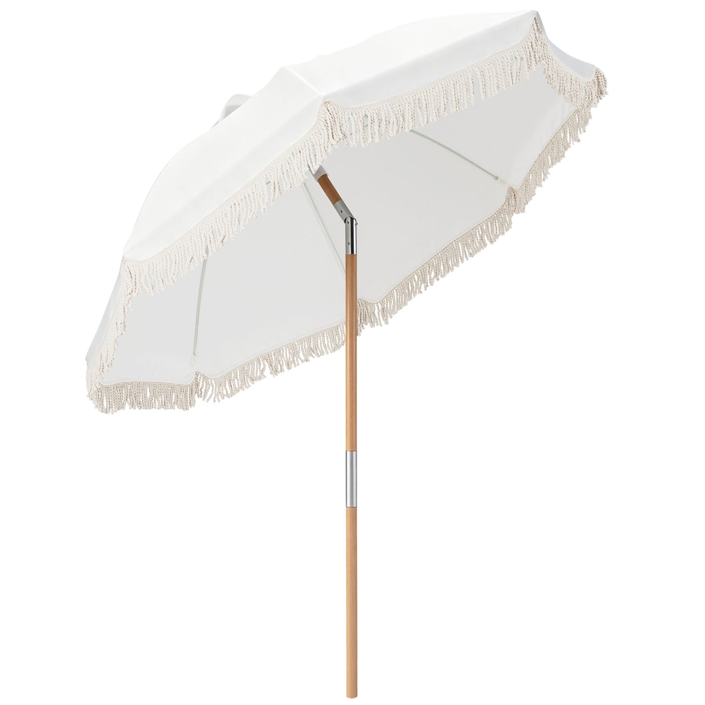 6 Feet Patio Umbrella with Fringe with Push Button Tilt and Wood Pole-White color