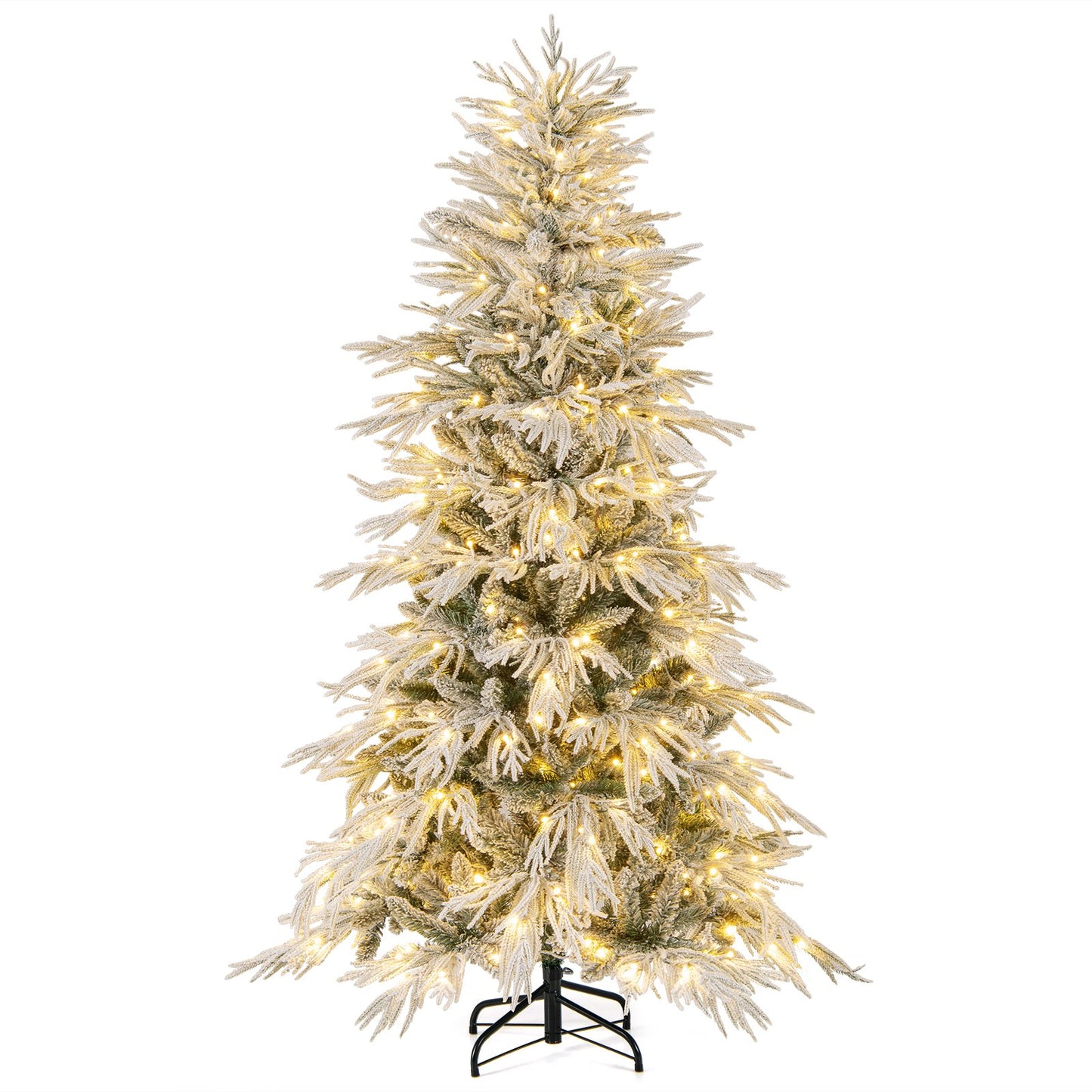 7 Feet Snow-flocked Artificial Christmas Tree Pre-lit Hinged Xmas Tree with Warm White LED Lights