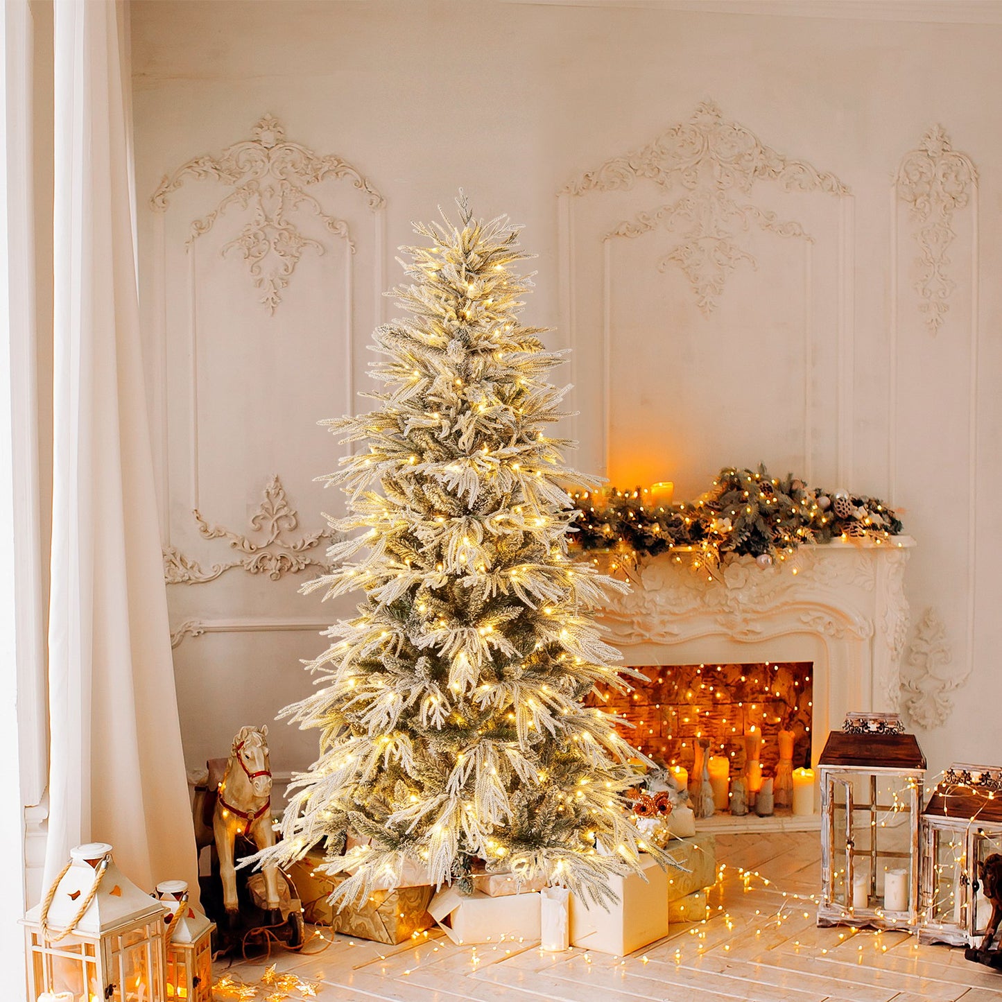 7 Feet Snow-flocked Artificial Christmas Tree Pre-lit Hinged Xmas Tree with Warm White LED Lights