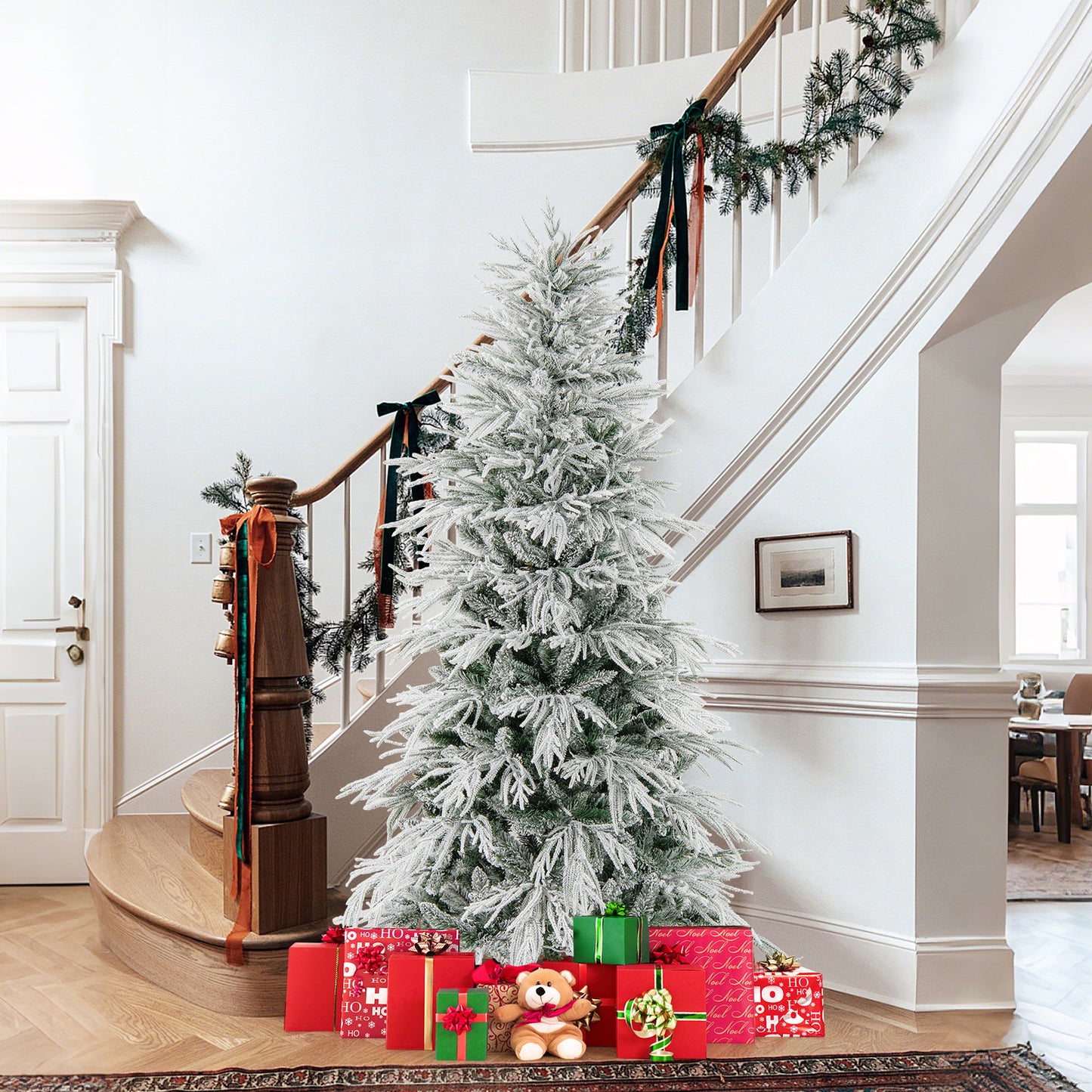7 Feet Snow-flocked Artificial Christmas Tree Pre-lit Hinged Xmas Tree with Warm White LED Lights
