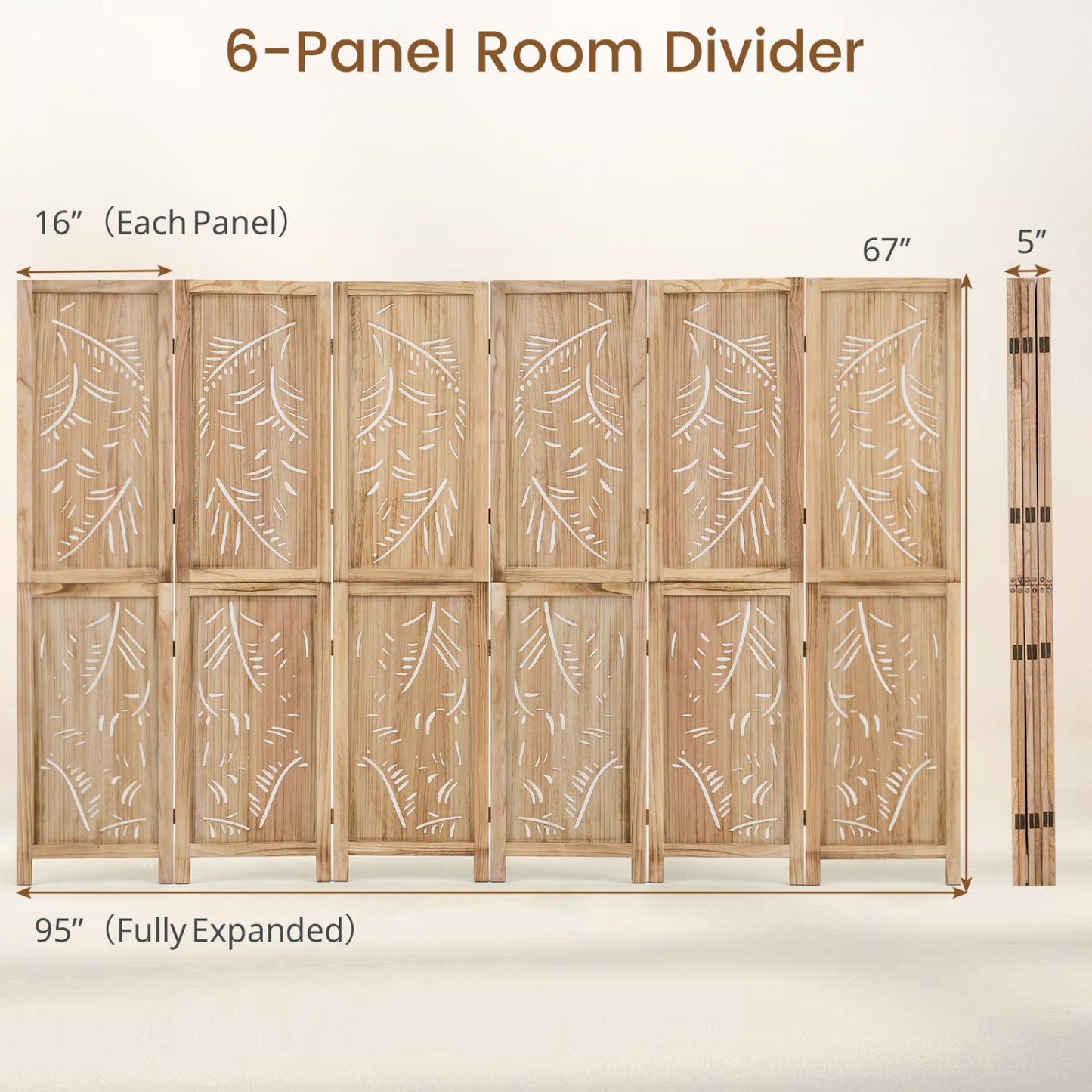 6-Panel Wooden Room Divider with Palm Leaf Design & Paulownia Frame for Home