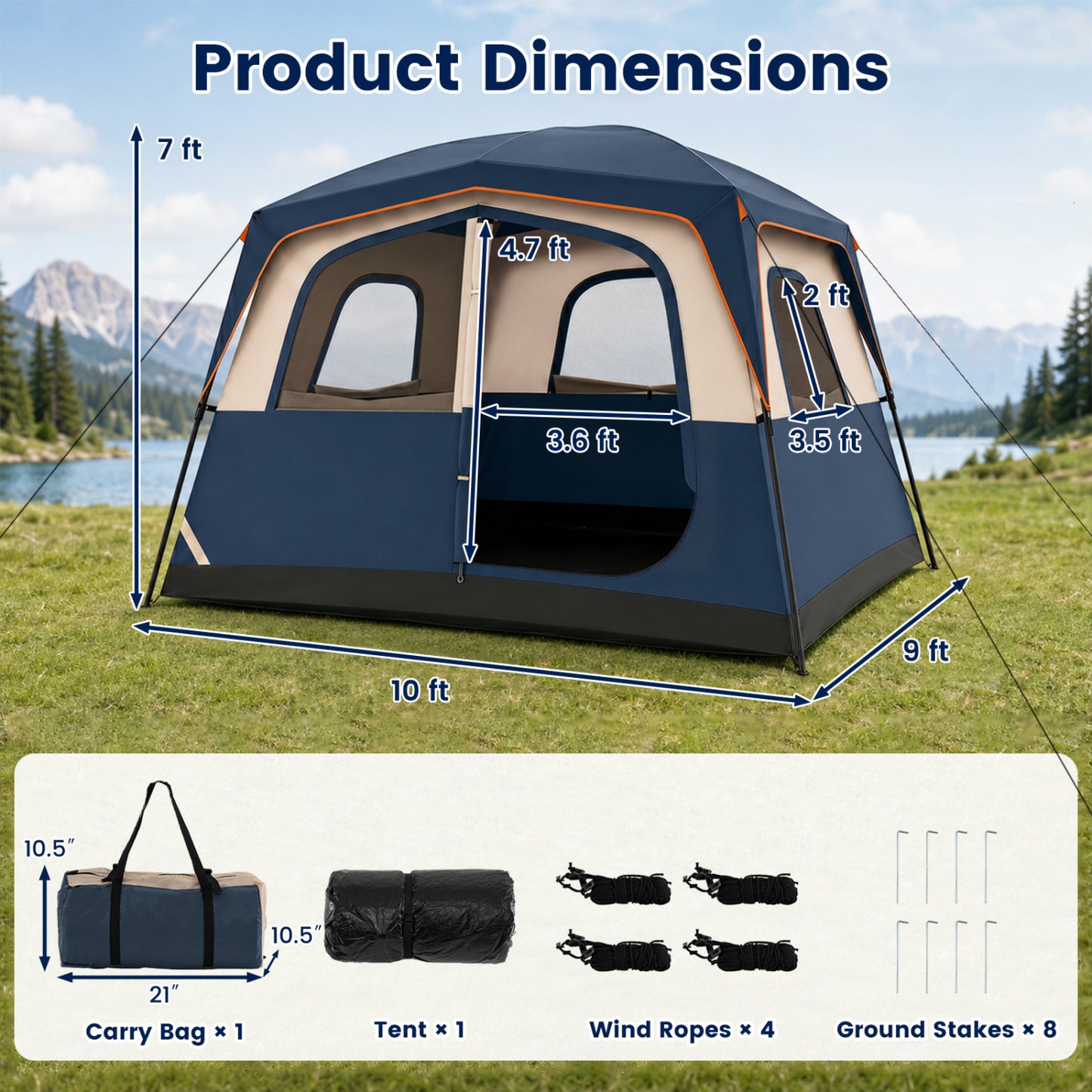 Black 6-person camping tent with mesh windows and rainfly, easy setup family cabin tent for outdoor camping adventures.