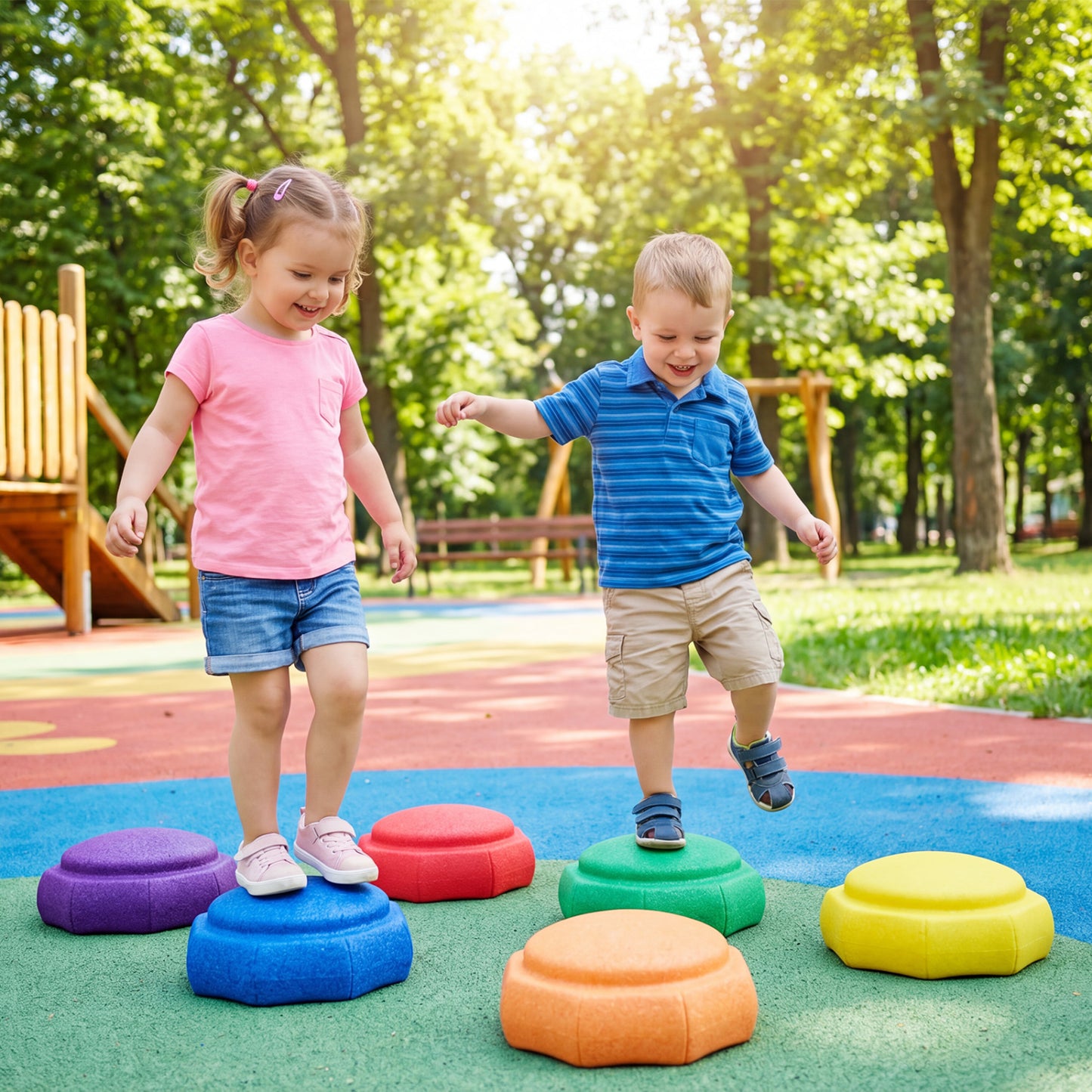 Six colorful plastic stepping stones for kids' outdoor sensory play and coordination, designed by Wilsons Home Store.