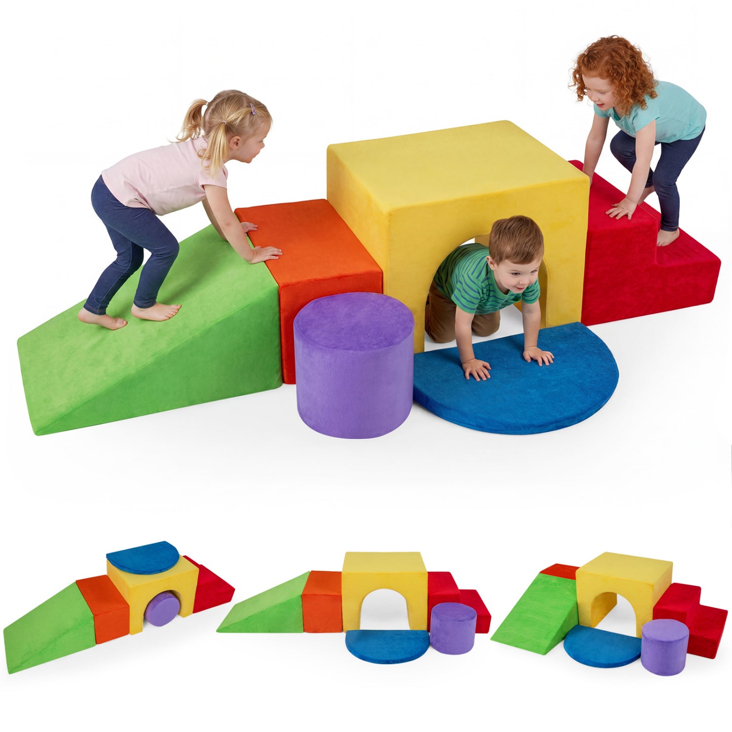 Six gray foam climbing blocks for kids with slide and tunnel, indoor play set designed for safe, fun active play.
