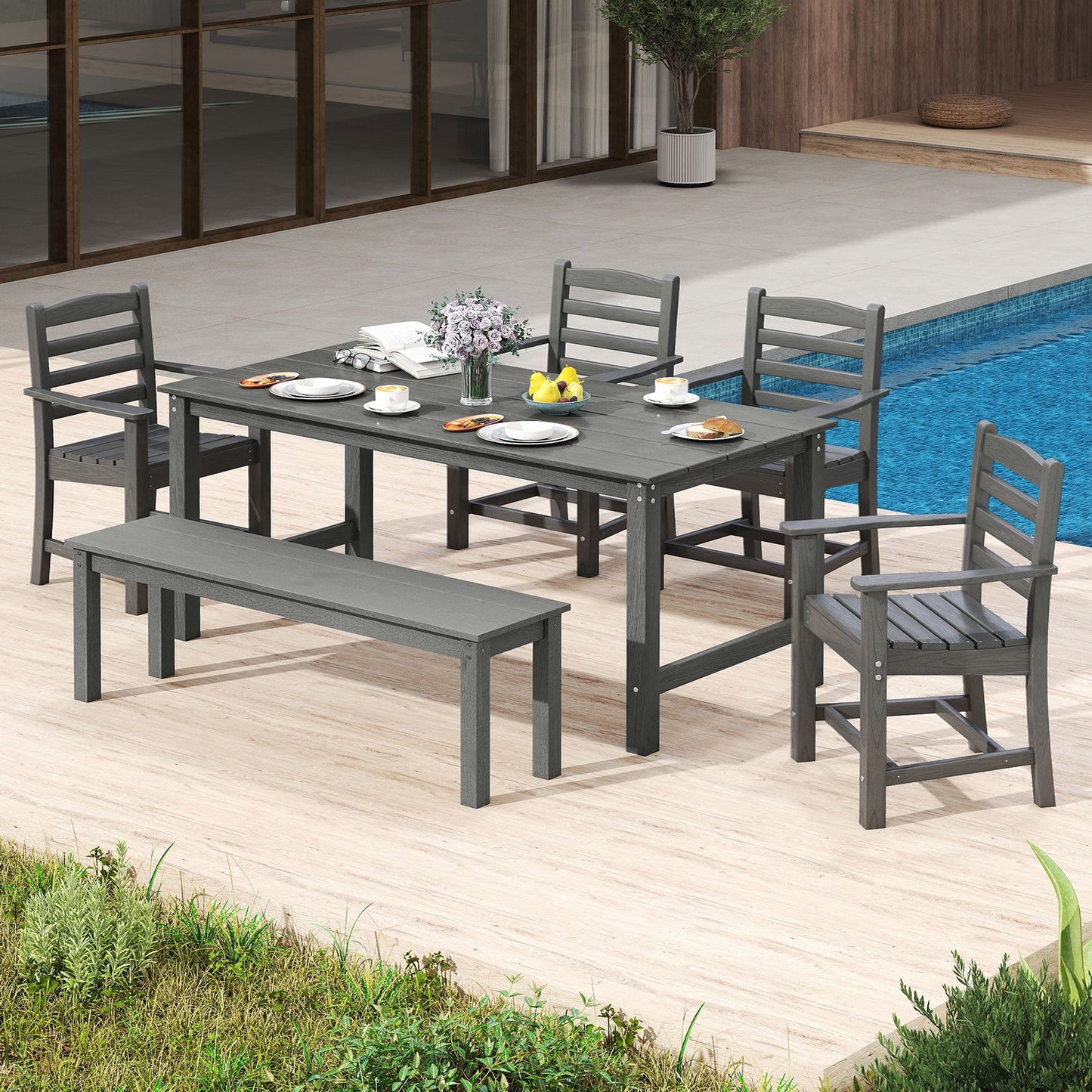 6 Pieces Patio Dining Bench Set Outdoor HDPE Weather Resistant Table and Chairs Set-Black