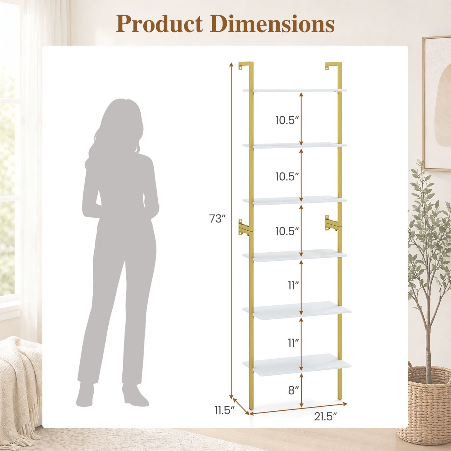 6-Tier Freestanding ladder Storage bookshelf with Metal Frame for Study and Pantry-Rustic Brown