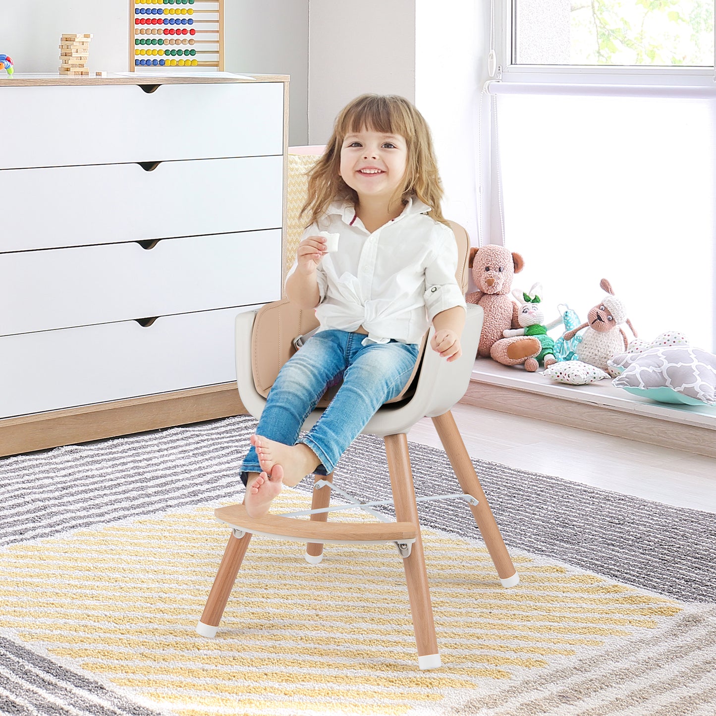 6-in-1 Convertible Wooden Highchair with Safety Harness and Adjustable Legs-Light Brown