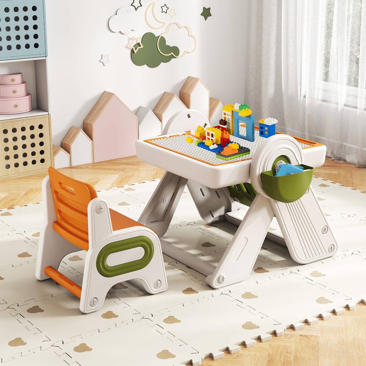 6-in-1 Multi-activity Children Table and Chair Set Folding Art Easel Set-Gray and White