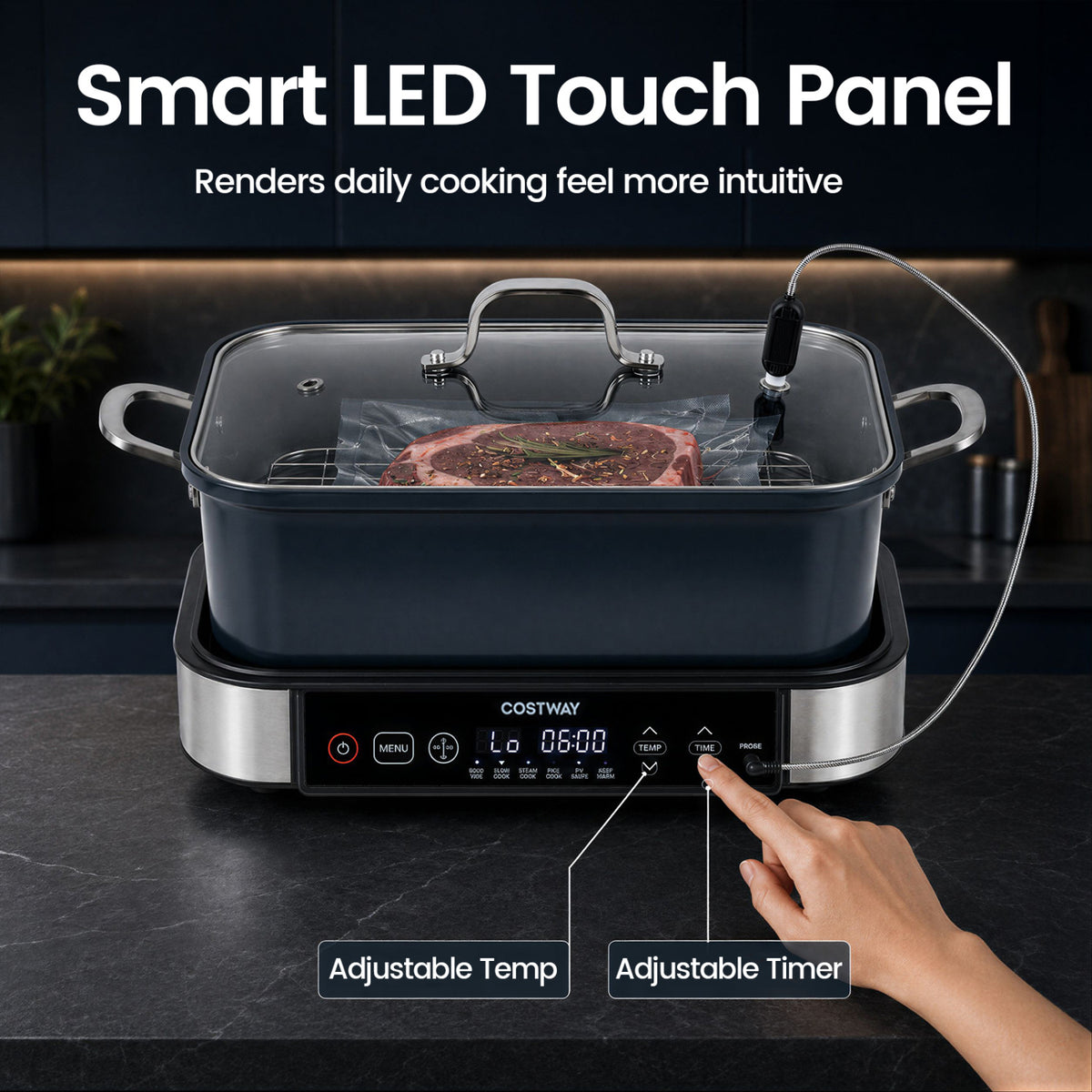 Black 6-in-1 programmable slow cooker with digital control, keep warm function, and adjustable timer for versatile kitchen use.