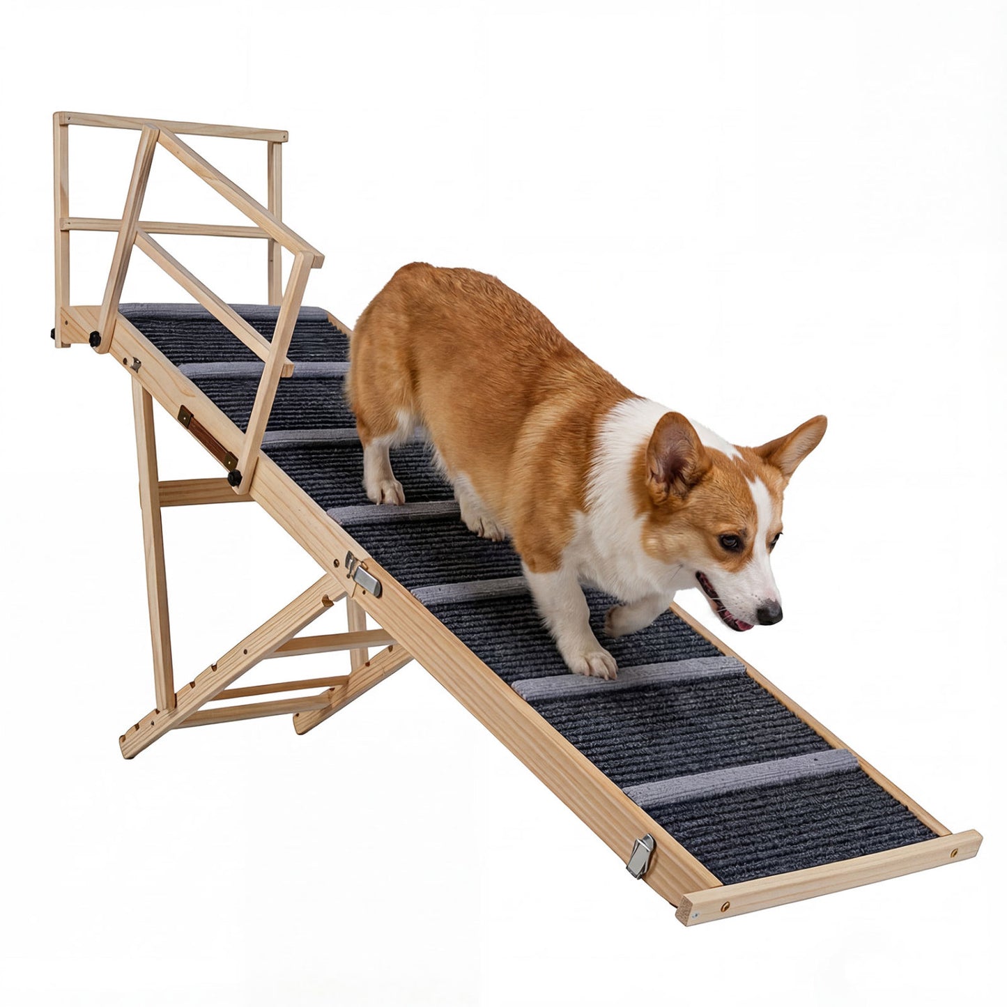 Dark gray 6-level adjustable foldable dog ramp for high beds and couches, made for pet comfort and easy access.