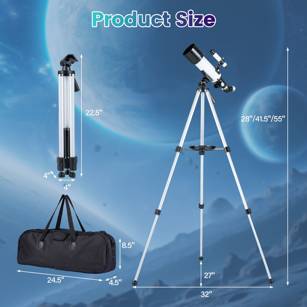 Silver 70mm aperture refractor telescope with adjustable tripod, perfect for beginner astronomy and learning hobbies.