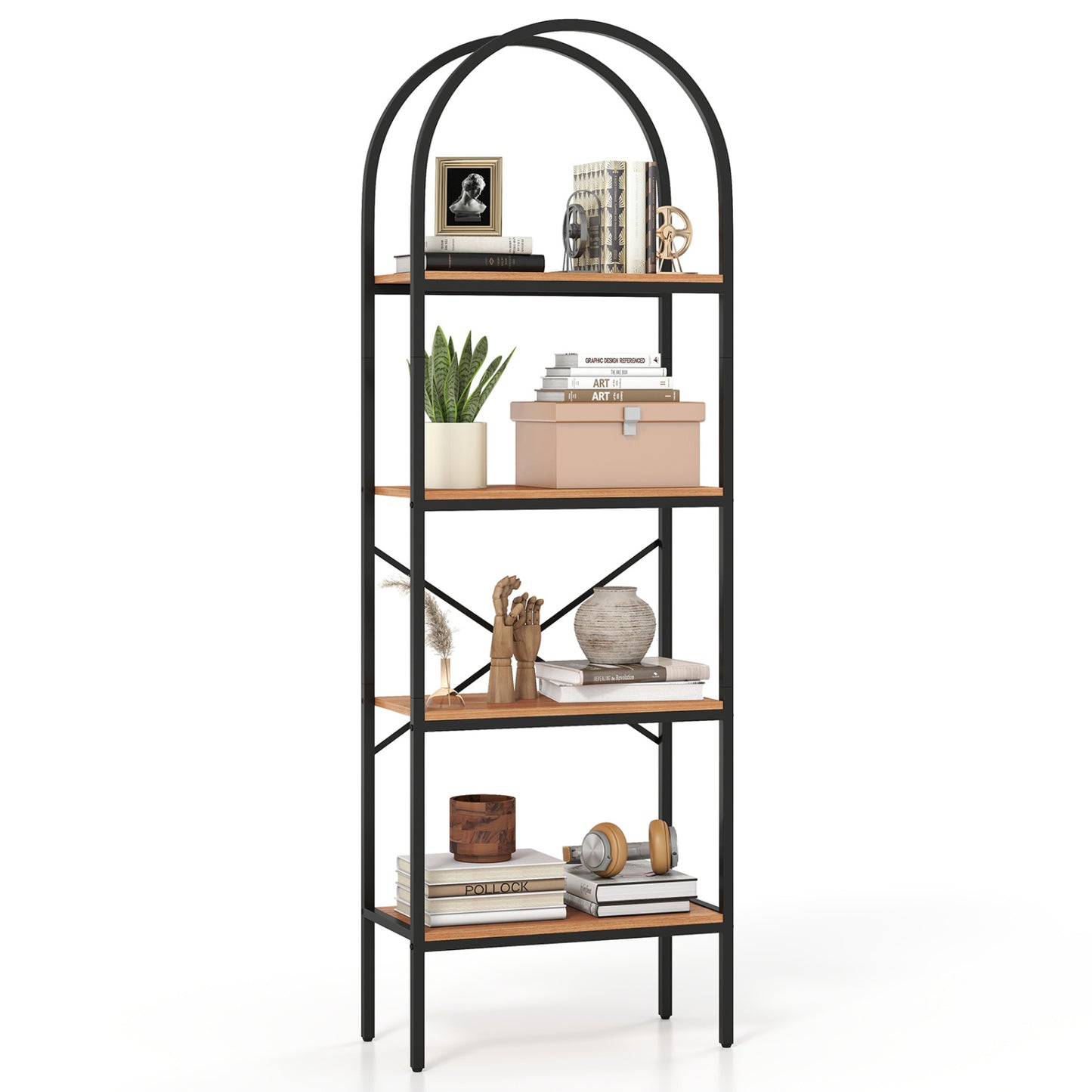 71" Tall Arched Bookcase 4-Tier with Storage Shelves & Metal Frame for Home Office-Brown & Black