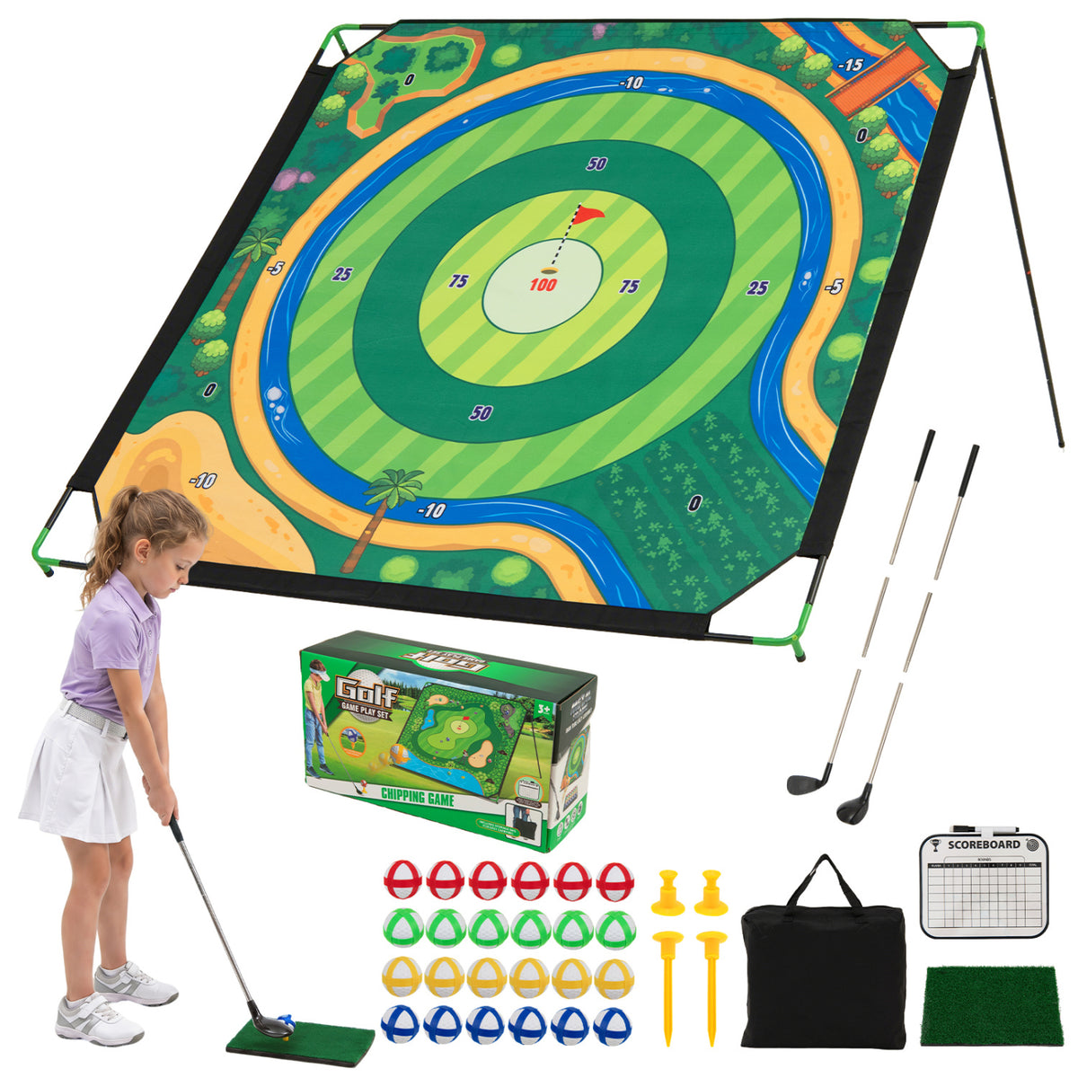 Golf chipping game set by Wilsons Home Store showing two adjustable golf clubs and a 71x71 inch game mat for outdoor play