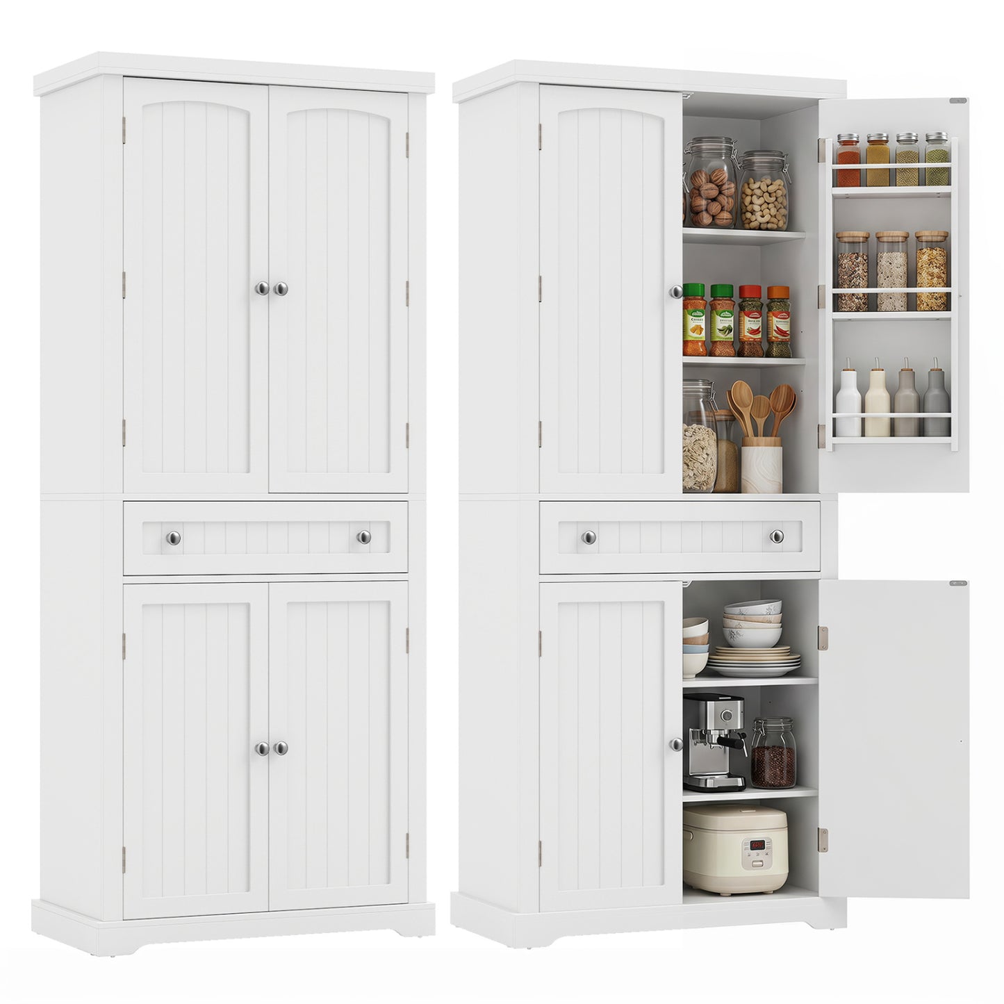 72” Tall Kitchen Cabinet Pantry Storage Cabinet with 4 Fluted Doors and 6 Door Shelves-White