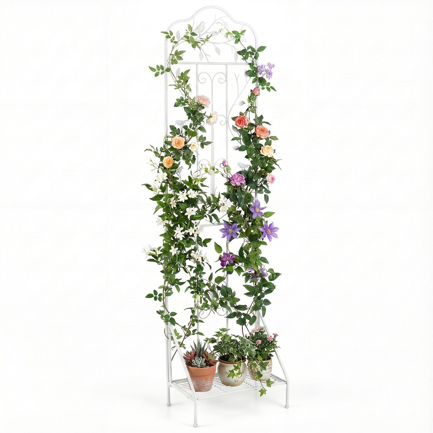 Black 75 x 20 inch outdoor metal garden trellis with foldable bottom shelf, ideal for supporting climbing plants in the garden.