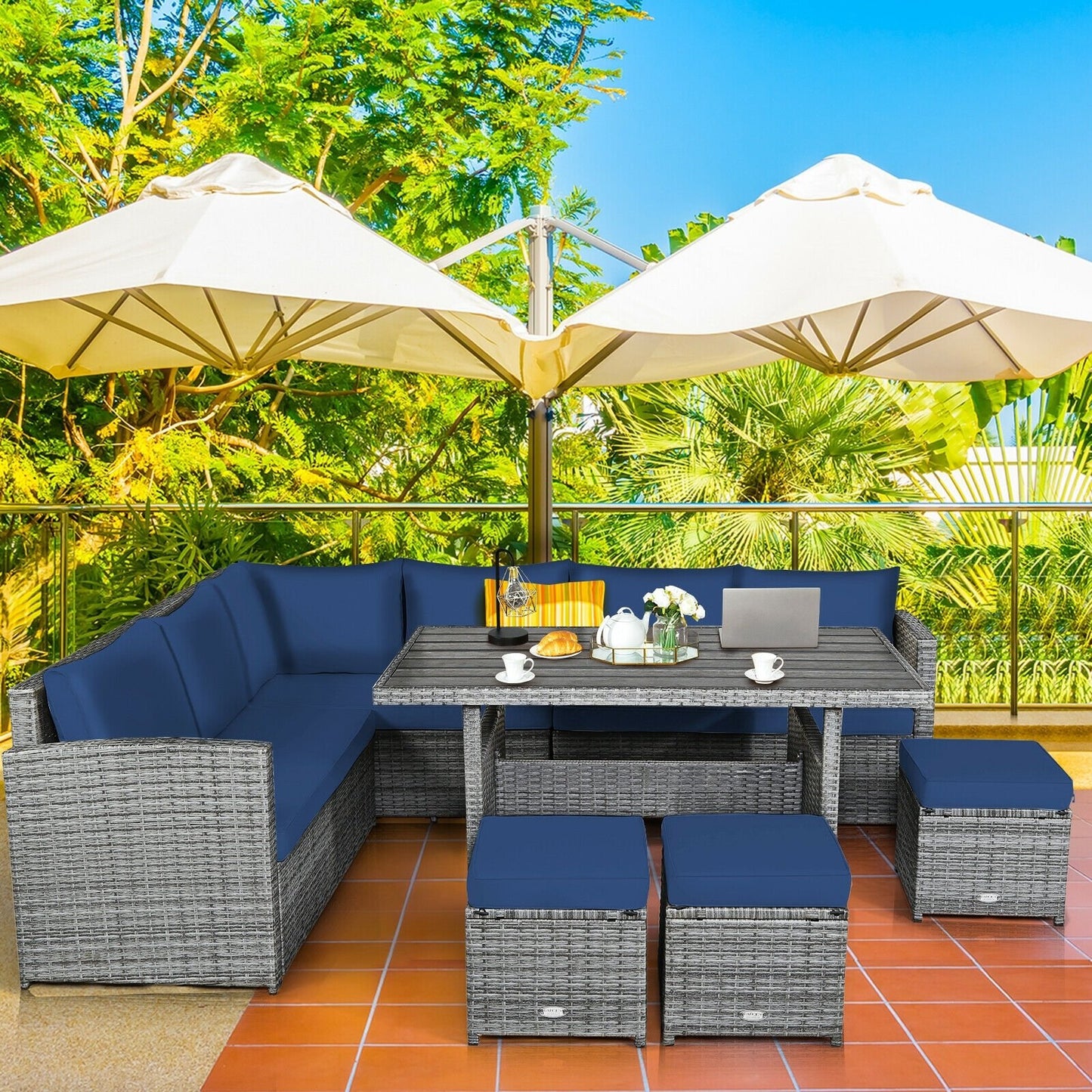 7 Pcs All-Weather Patio Rattan Dining Furniture Sectional Sofa Set with Wicker Ottoman and Cushed Couch-Off White