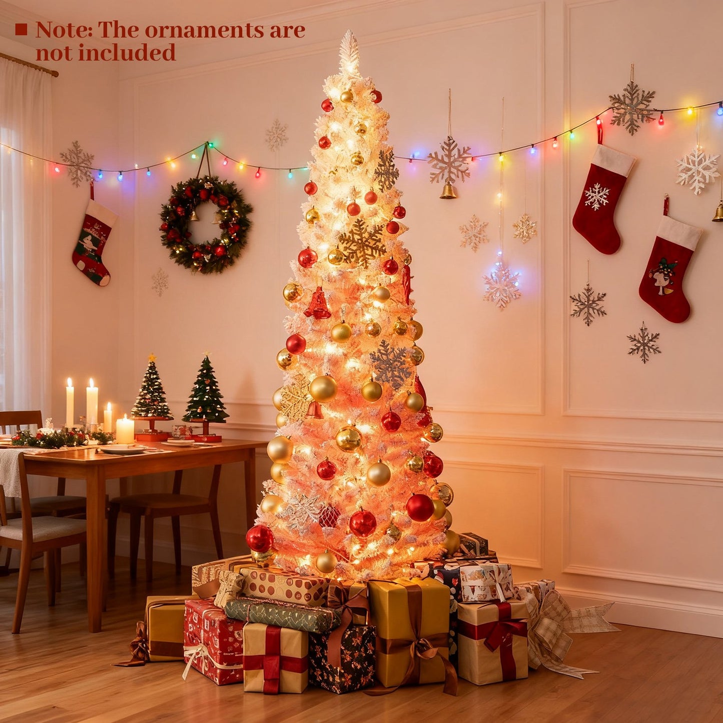 6 FTSnow-flocked Artificial Pink Christmas Tree Pre-lit Hinged Xmas Tree for Holiday Decoration