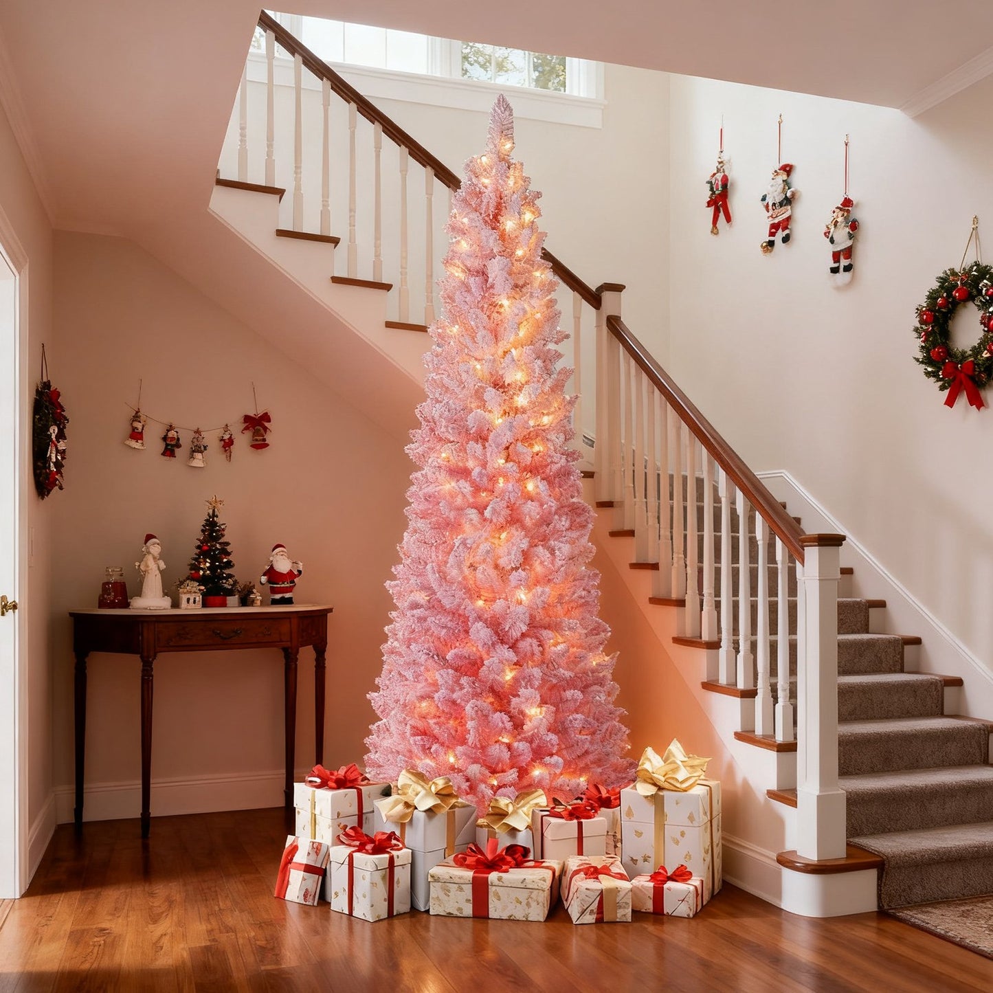 6 FTSnow-flocked Artificial Pink Christmas Tree Pre-lit Hinged Xmas Tree for Holiday Decoration