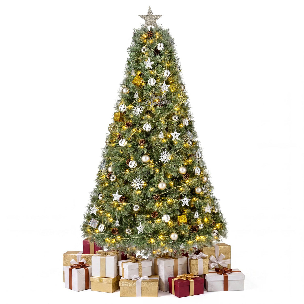 7 FT Artificial Christmas Tree Hinged Fully-Decorated with 238/360/524 Blossom Pine Needles