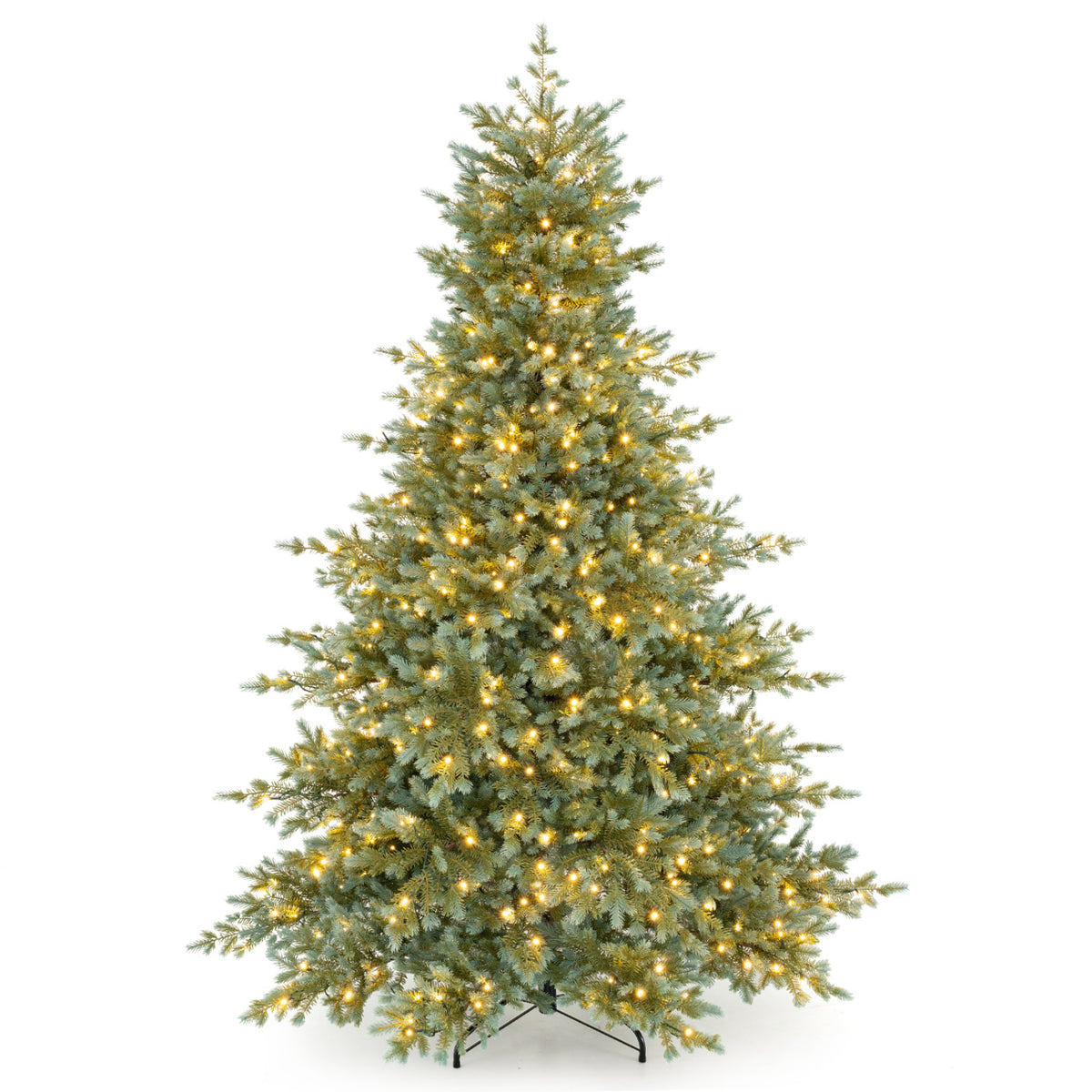 7 ft pre-lit artificial Christmas tree with 460 warm white LED lights, decorated for holiday season, from Wilsons Home Store