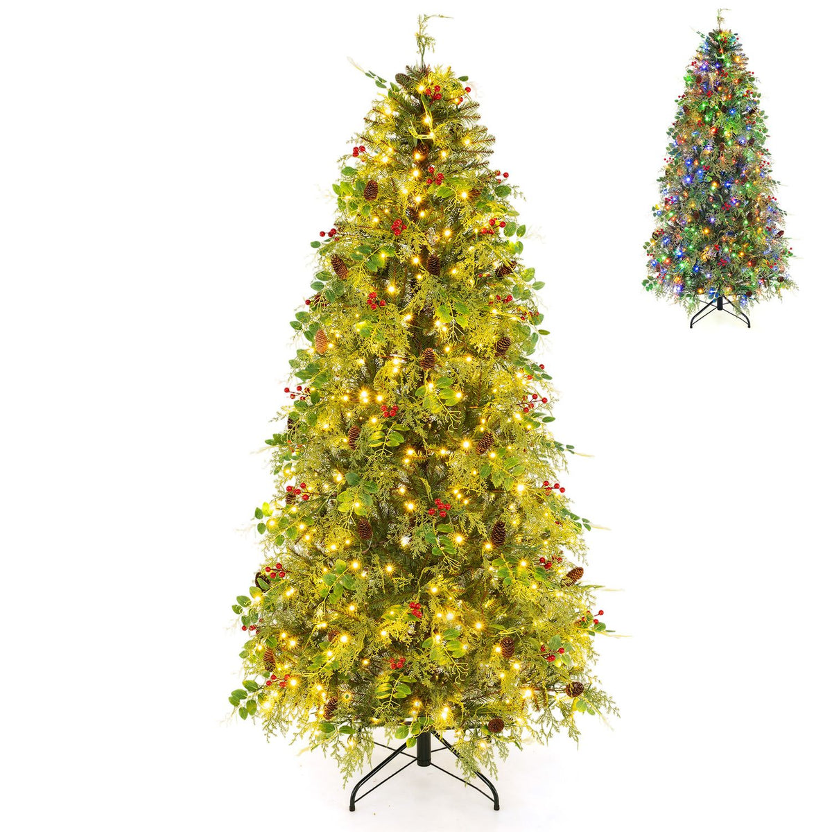 7 FT Pre-Lit Artificial Christmas Tree with Warm White and Multicolor LED Lights for Indoor