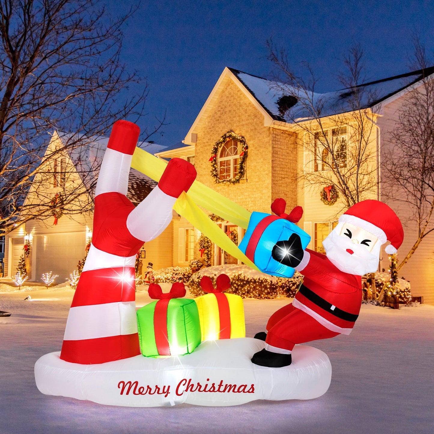 7 Feet Christmas Inflatables Santa with Slingshot and Built-in LED Lights Outdoor Decoration