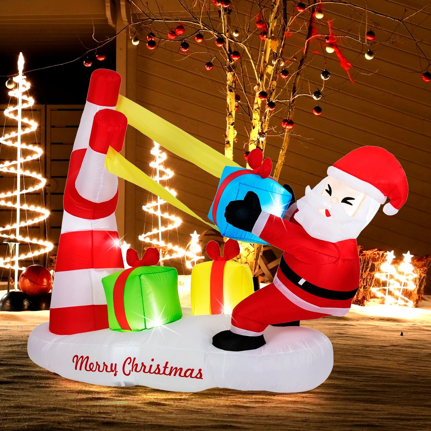 7 Feet Christmas Inflatables Santa with Slingshot and Built-in LED Lights Outdoor Decoration