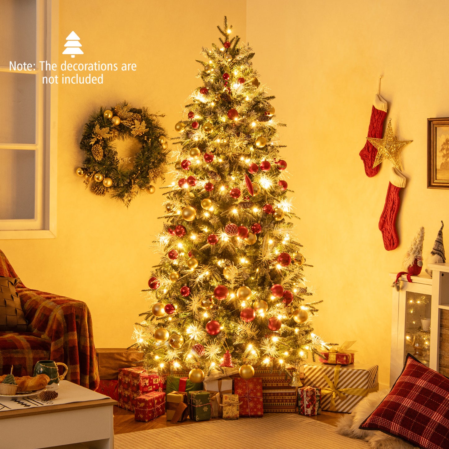7 Feet Pre-Lit Artificial Christmas Tree with 8 Modes LED Lights with Berries