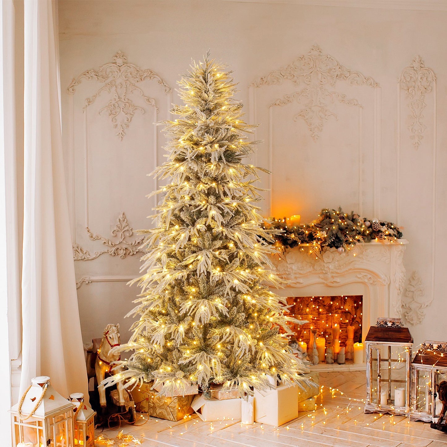 7 Feet Snow-flocked Artificial Christmas Tree Pre-lit Hinged Xmas Tree with Warm White LED Lights