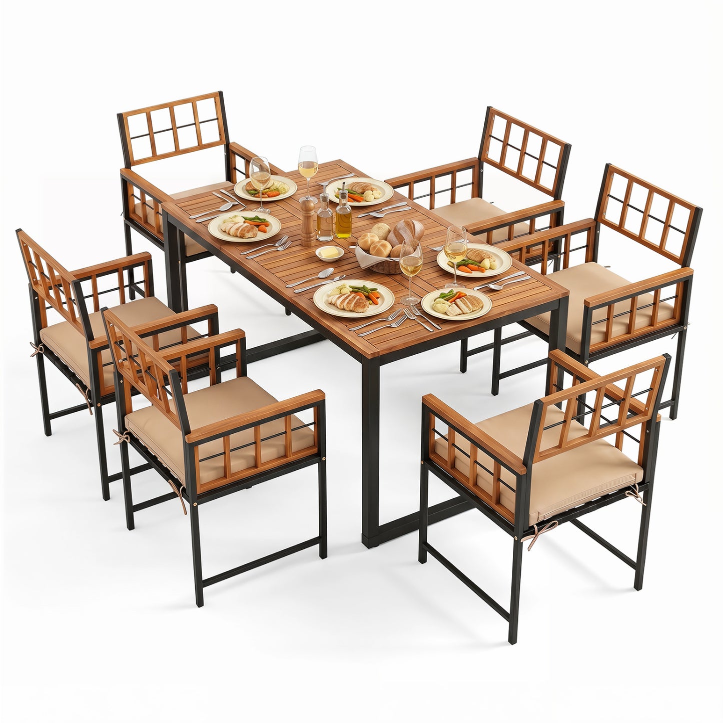 7-Piece Outdoor Dining Set with Acacia Wood Table & Chairs and Umbrella Hole-Natural & Black