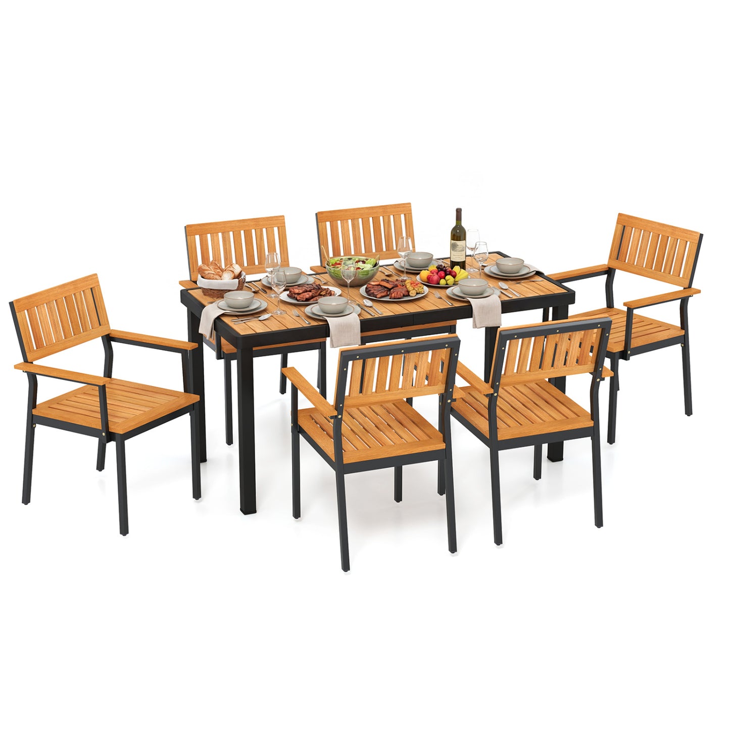 7-Piece Outdoor Dining Set for 6 with Acacia Table & Armchairs and Umbrella Hole