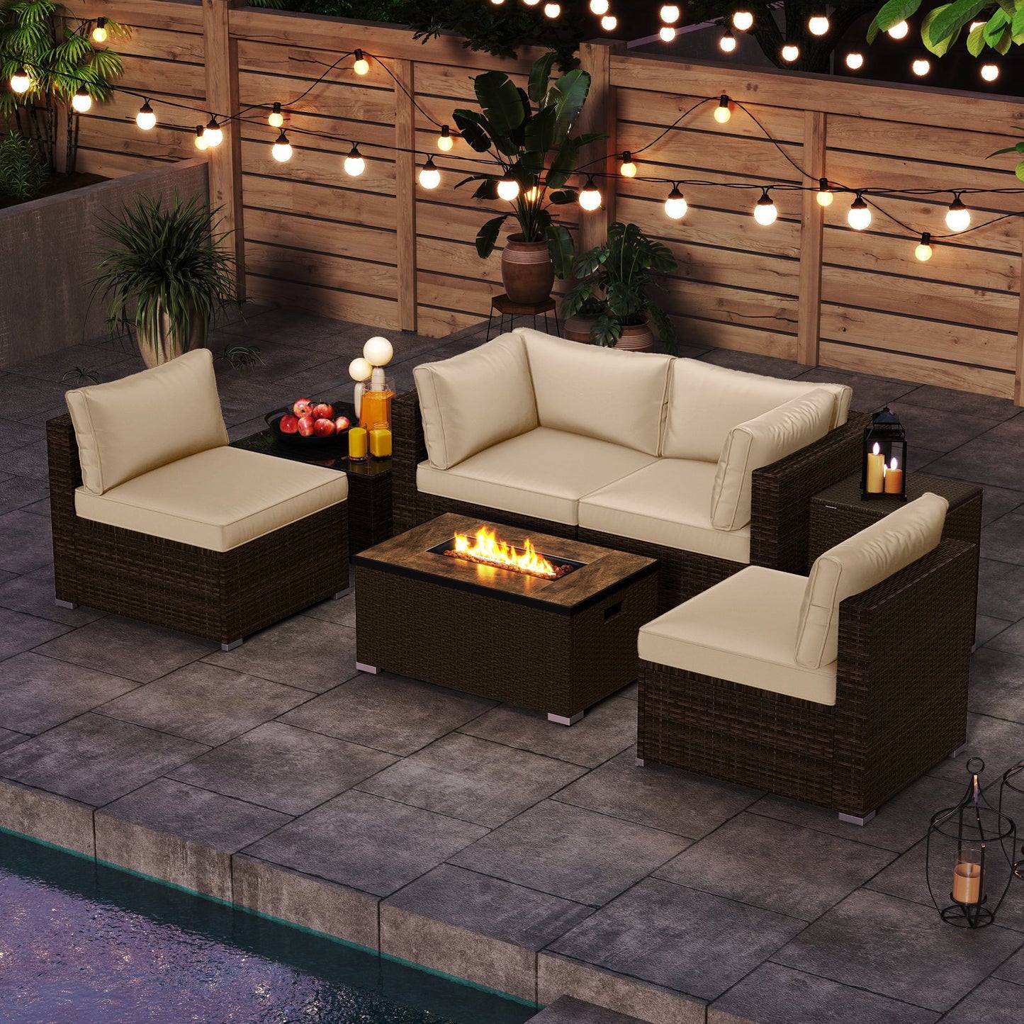7 Pieces Outdoor Furniture Set with 32 Inch Fire Pit Table and Propane Tank Cover-Black