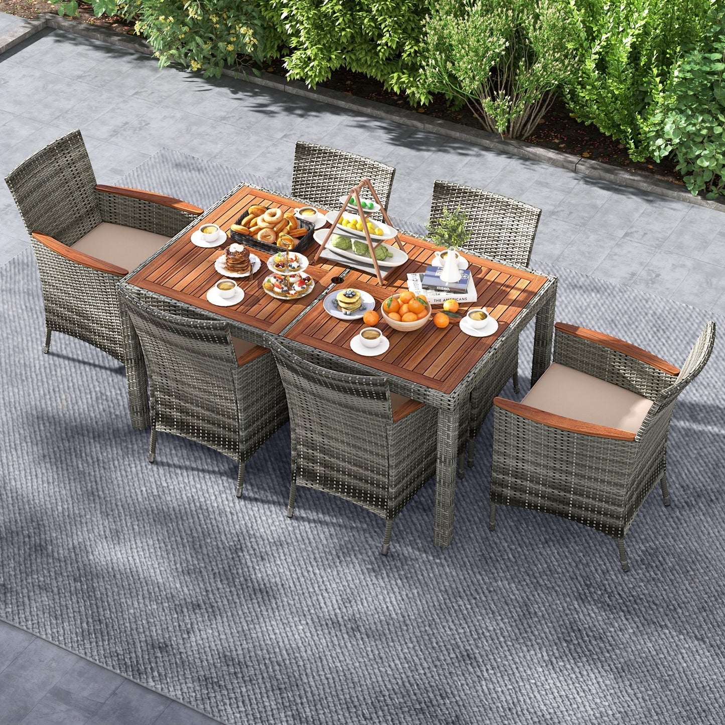 7 Pieces Patio Acacia Wood Cushioned PE Rattan Wicker Dining Set for Patio