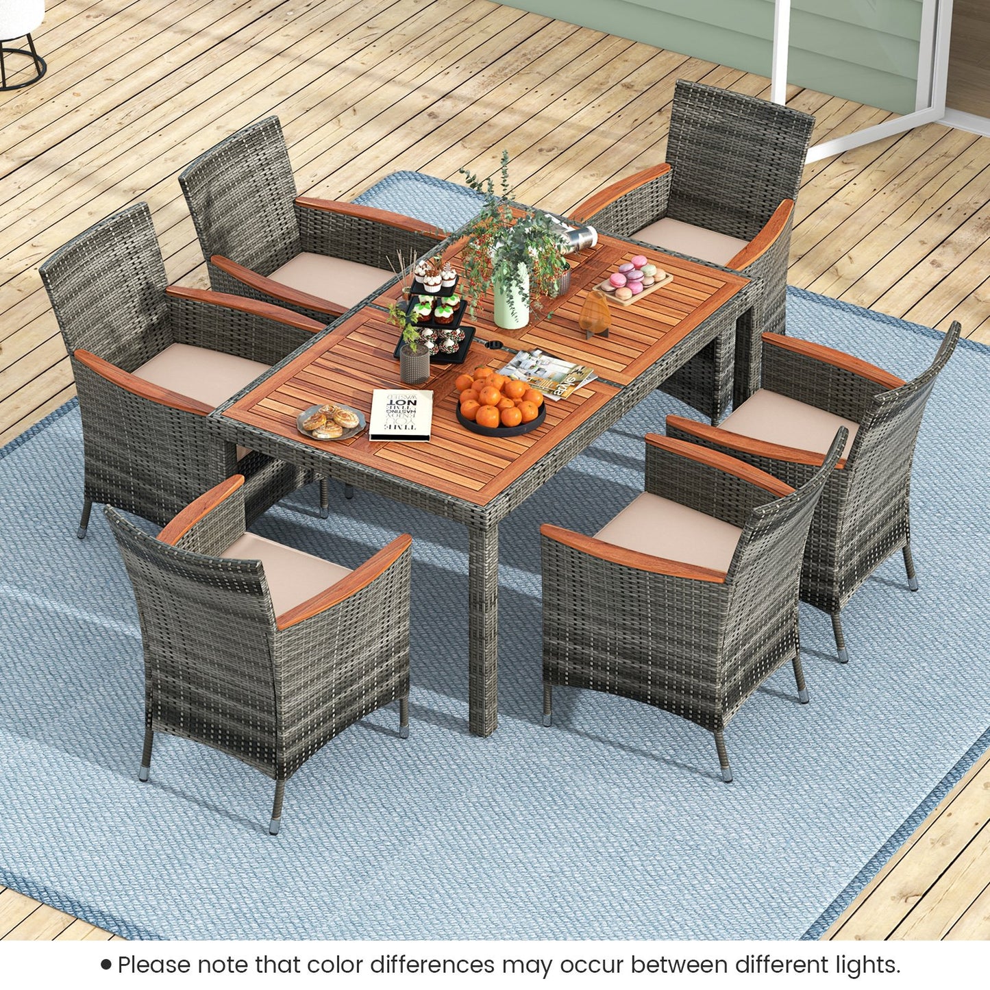 7 Pieces Patio Acacia Wood Cushioned PE Rattan Wicker Dining Set for Patio